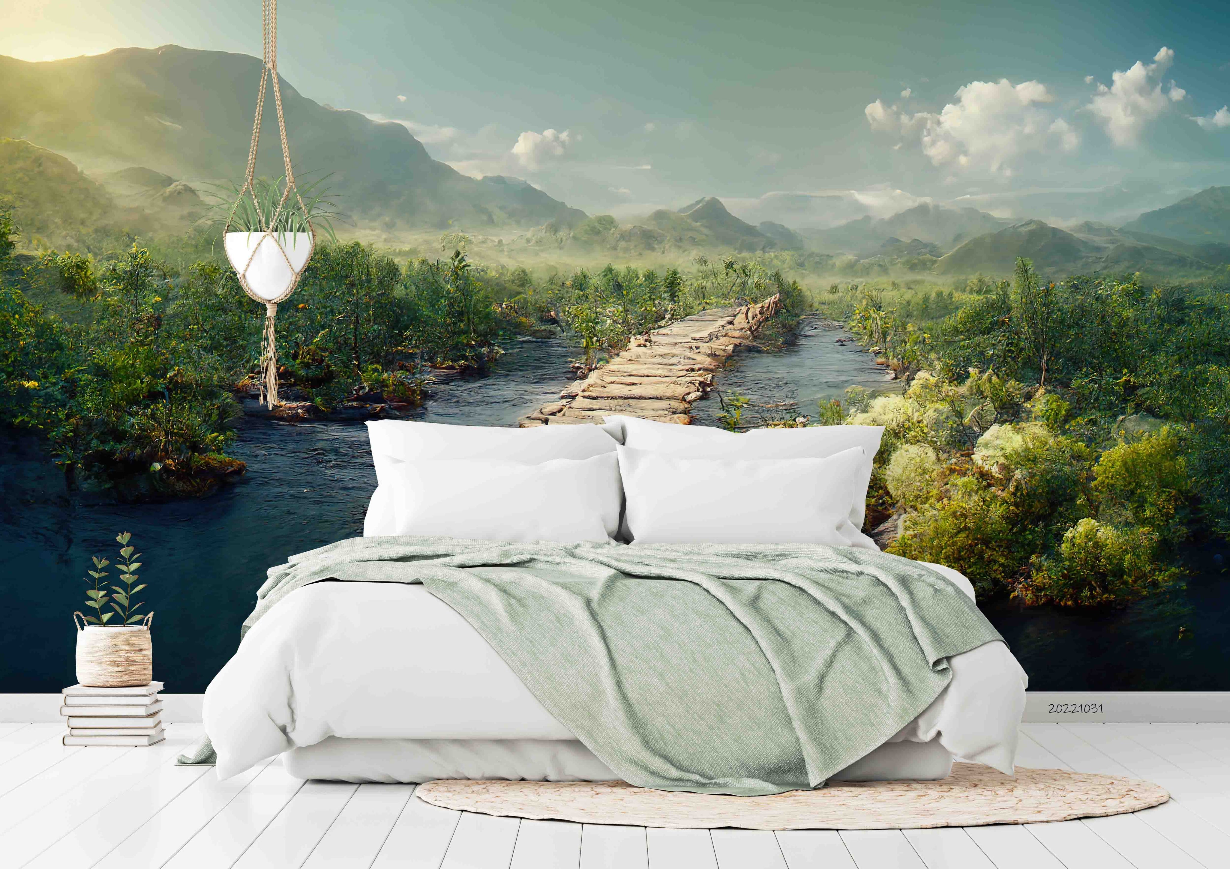 3D Landscape Forest Pond Wooden Bridge Mountains Sky Clouds Wall Mural Wallpaper GD 3071- Jess Art Decoration