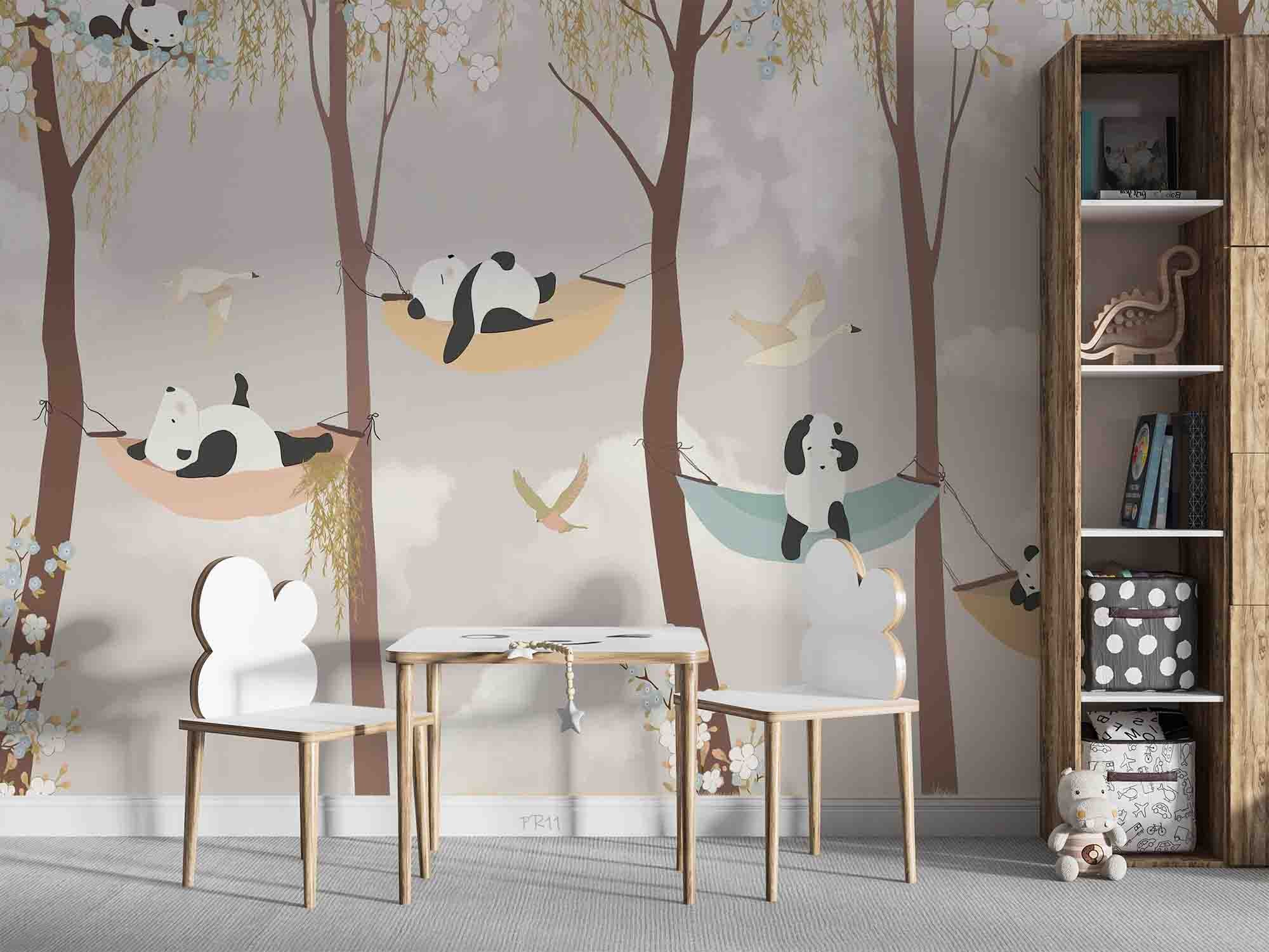 3D Cartoon Cute Forest Panda Hammock Wall Mural Wallpaper GD 4838- Jess Art Decoration