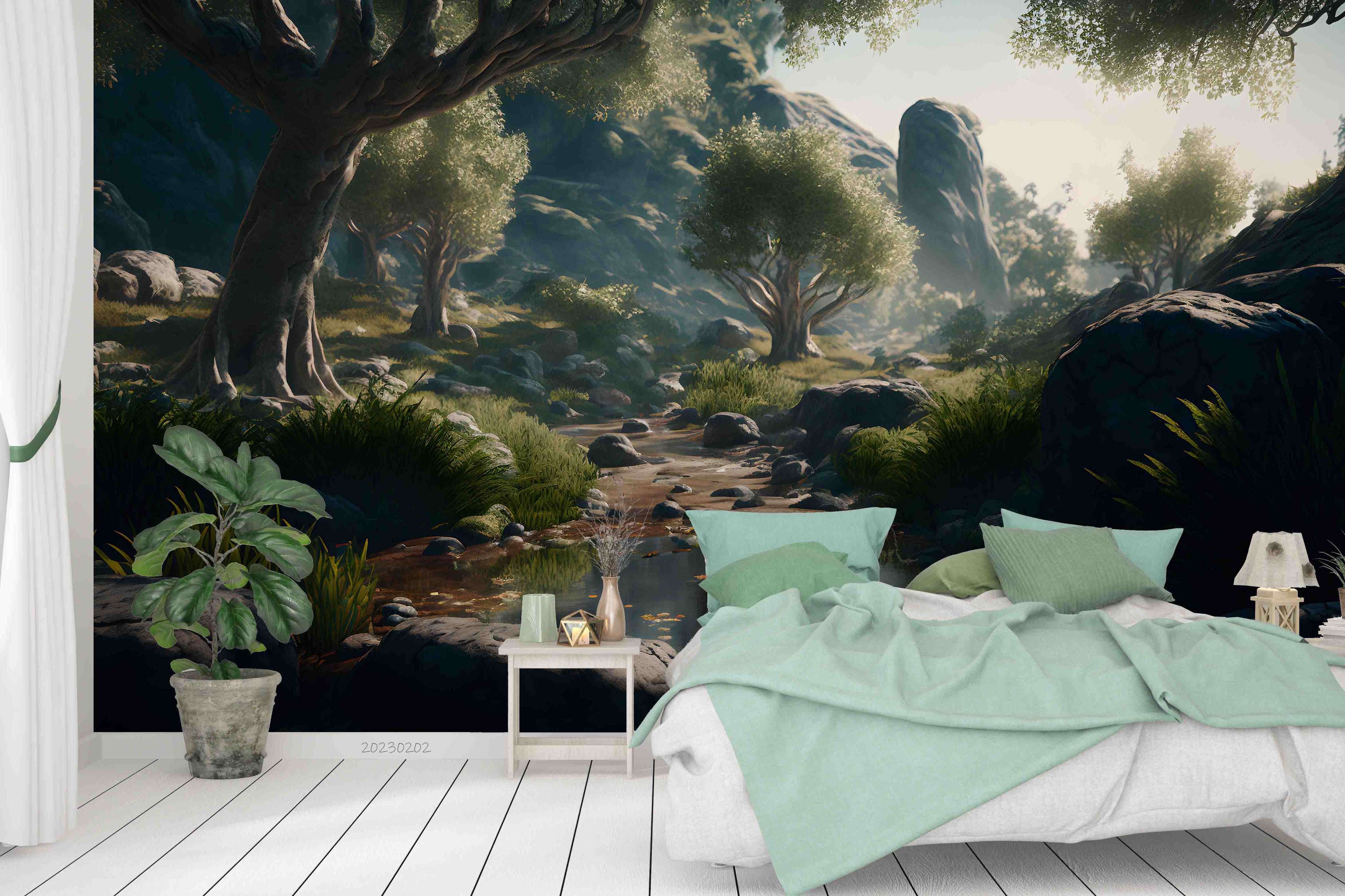 3D Scenery Tree Mountain River Stone Wall Mural Wallpaper YXL 03- Jess Art Decoration