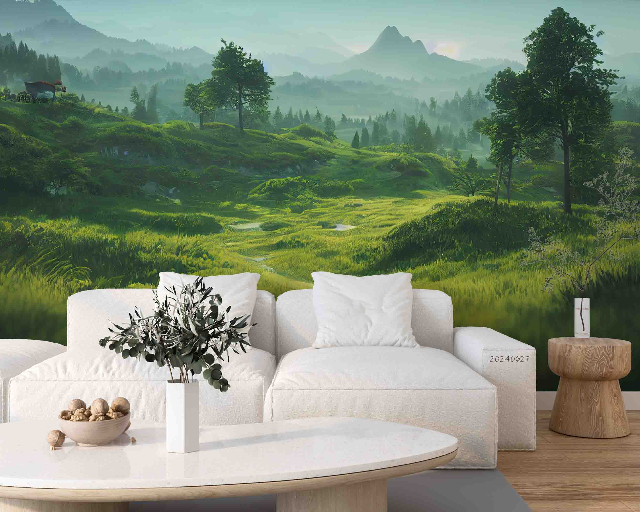 3D Forest Tree Mountain Grassland Sea Wall Mural Wallpaper YXL 741