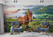 3D Brown Horse Meadow Carpathian Mountains Misty Morning Landscape Wall Mural Wallpaper GD 5345- Jess Art Decoration