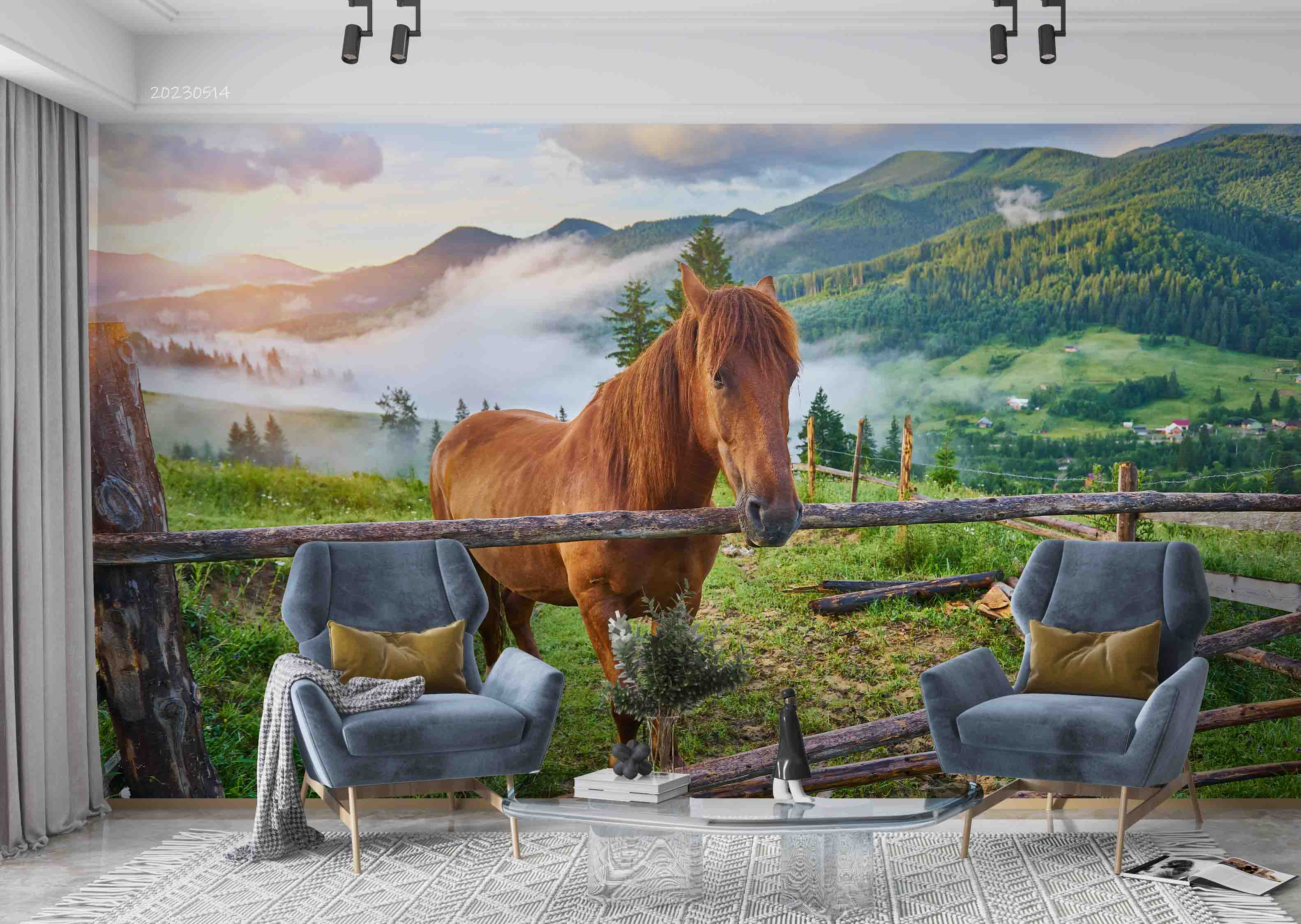 3D Brown Horse Meadow Carpathian Mountains Misty Morning Landscape Wall Mural Wallpaper GD 5345- Jess Art Decoration