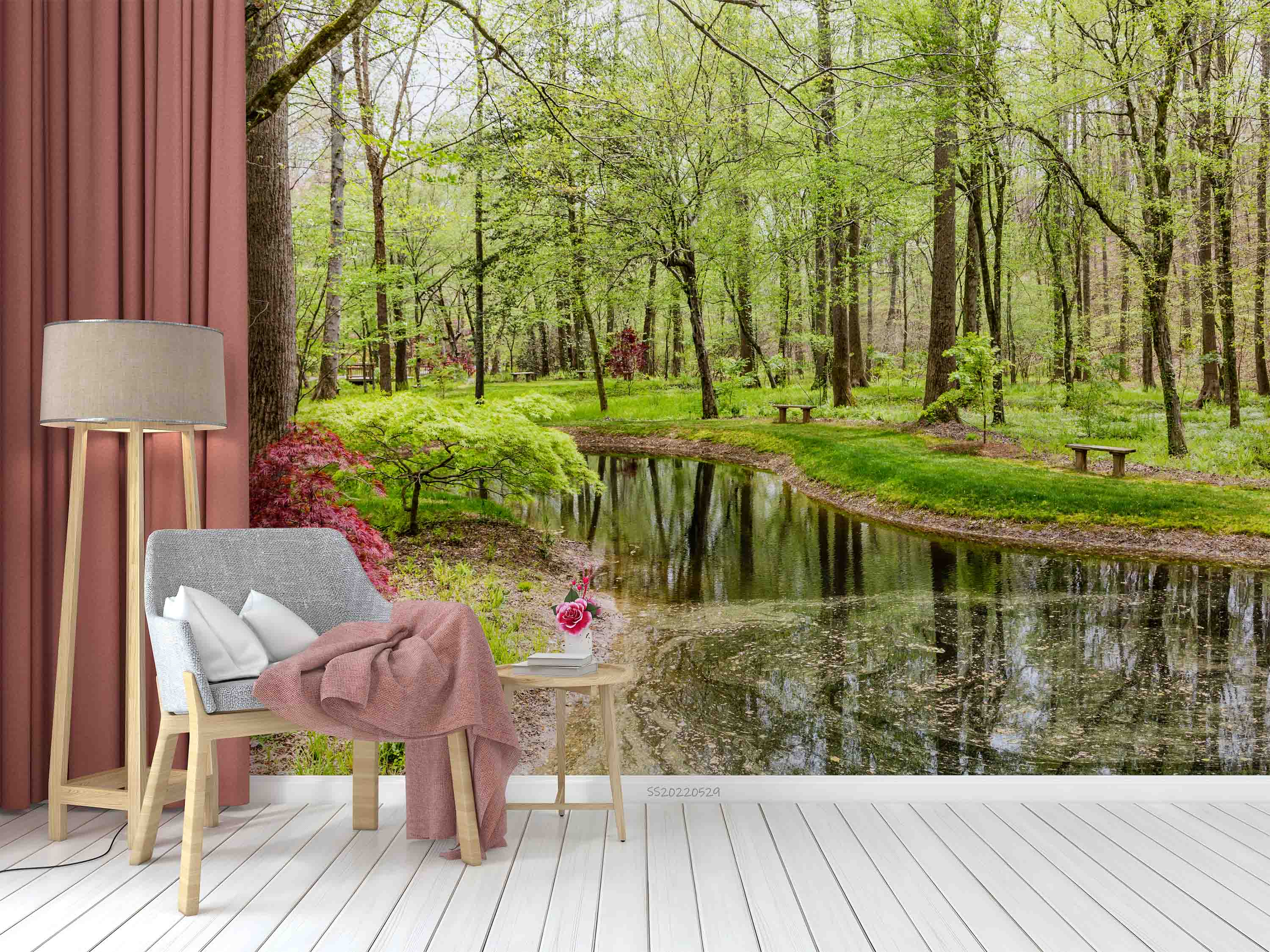 3D Red Maple Spring Forest Lake Wall Mural Wallpaper GD 4370- Jess Art Decoration