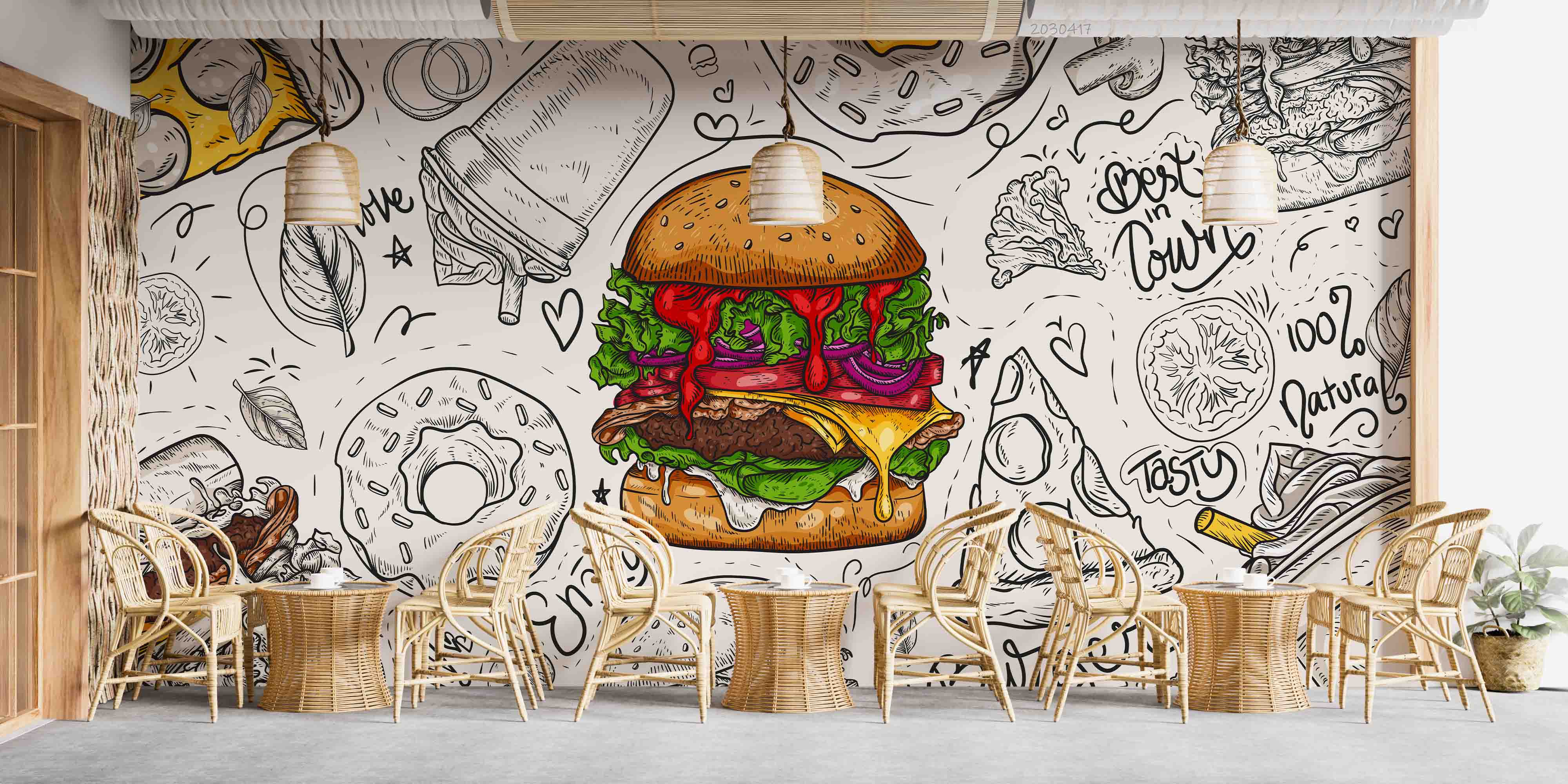 3D Fast Food Background Linear Graphic Snacks Collection Wall Mural Wallpaper GD 5495- Jess Art Decoration