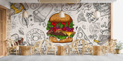 3D Fast Food Background Linear Graphic Snacks Collection Wall Mural Wallpaper GD 5495- Jess Art Decoration