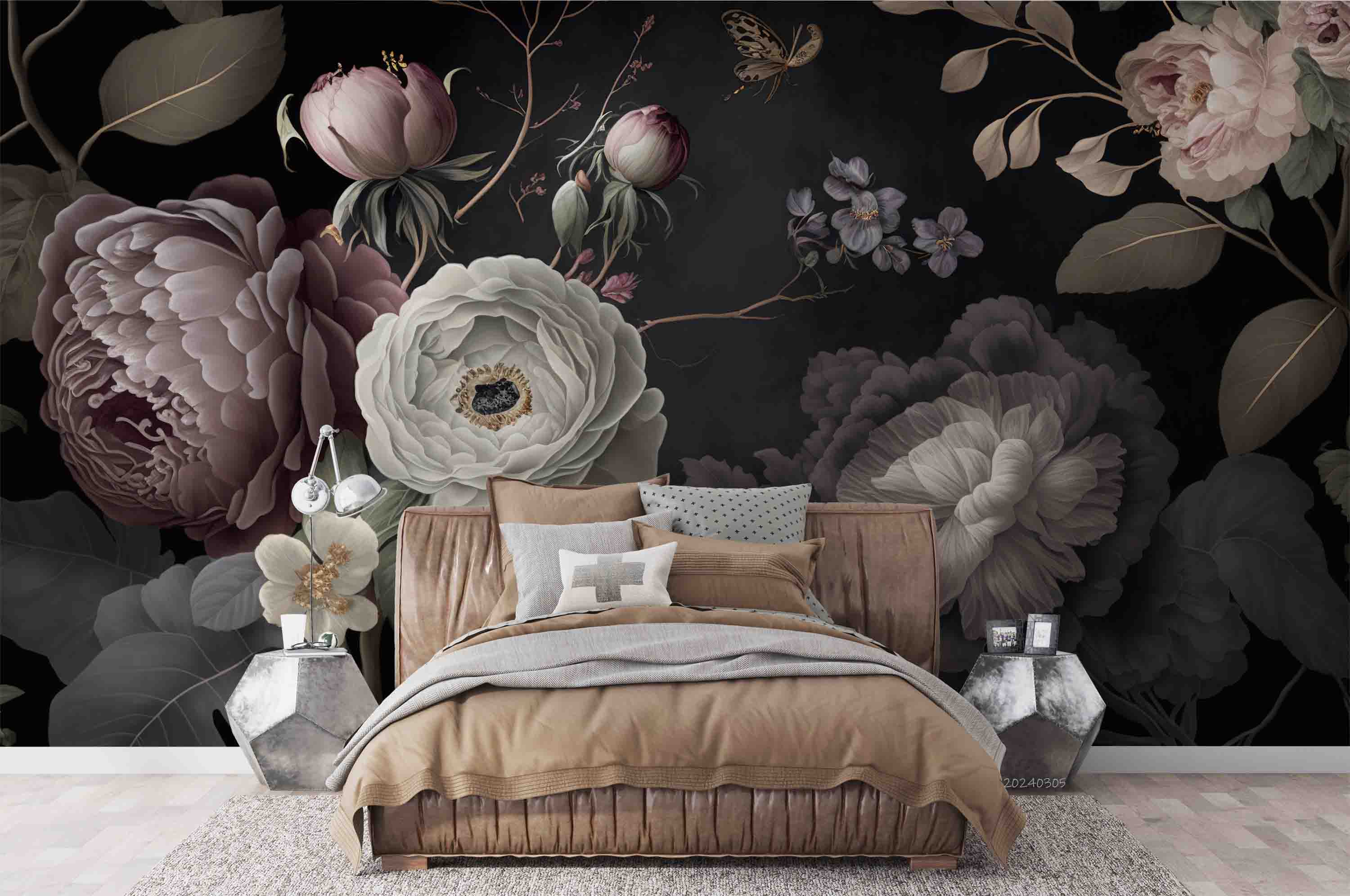 3D Floral Bouquet Dark Background Wallpaper Wall Mural Wall Decor Wall Art Wall Sticker Remoable Wallpaper