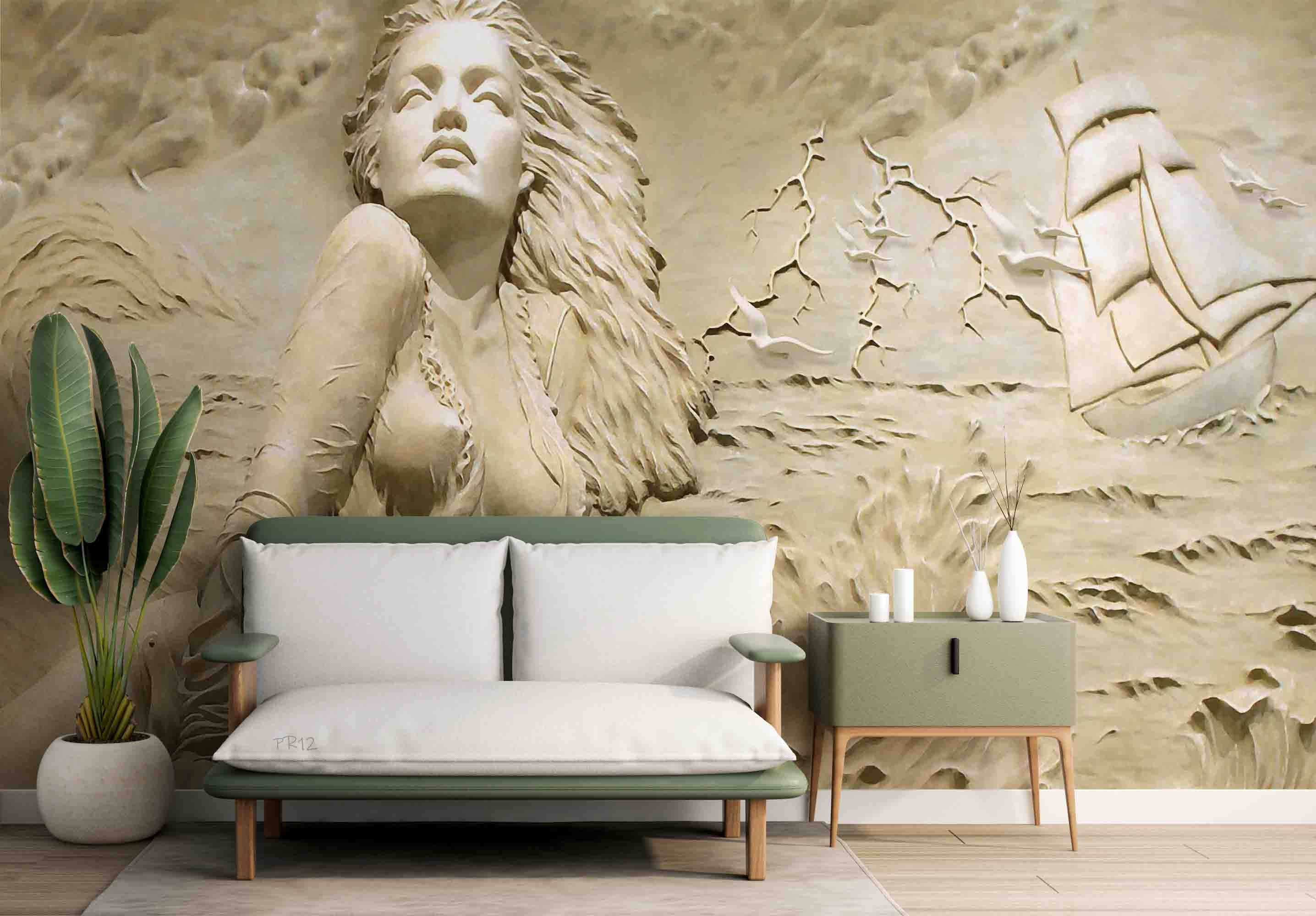 3D Relief Sea Beautiful Girl Sailboat Wall Mural Wallpaper GD 4990- Jess Art Decoration