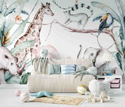 3D Animal Flamingo Giraffe Cat Elephant Rhinoceros Leaf Wall Mural Wallpaper YXL 2532