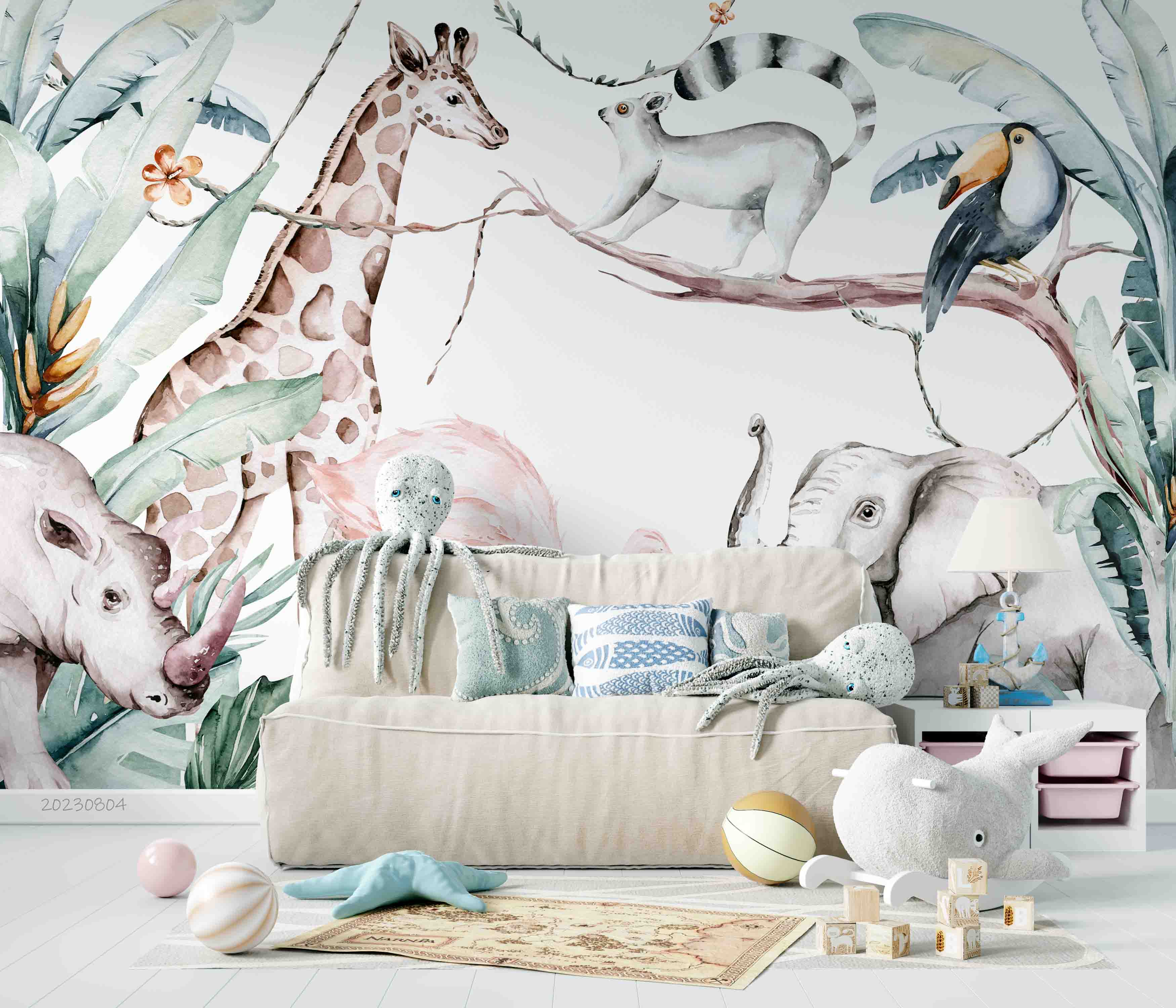 3D Animal Flamingo Giraffe Cat Elephant Rhinoceros Leaf Wall Mural Wallpaper YXL 2532