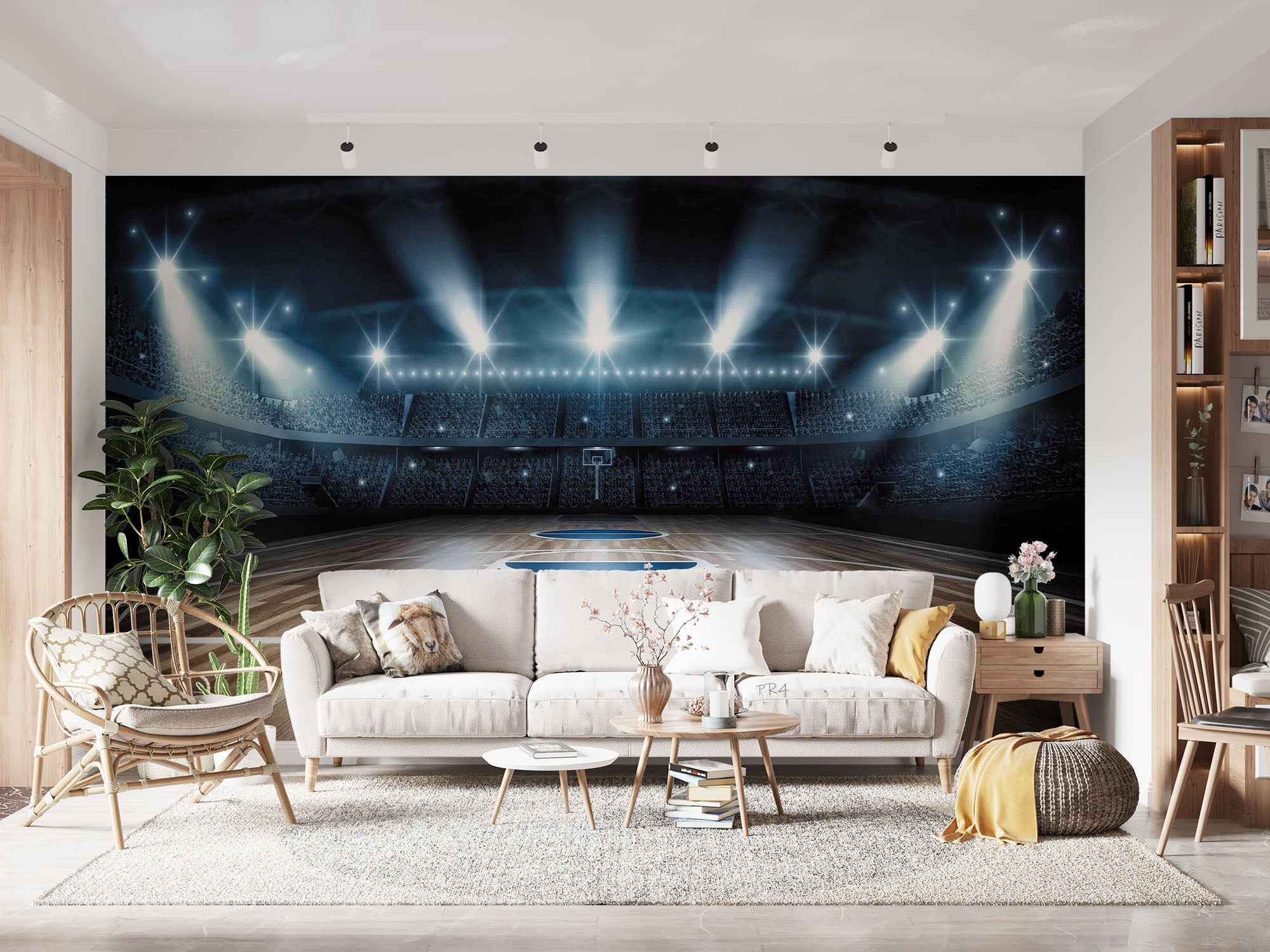 Basketball Court Lamplight Spectator Seats Wallpaper basketball wall mural for bedroom, gym or sports room