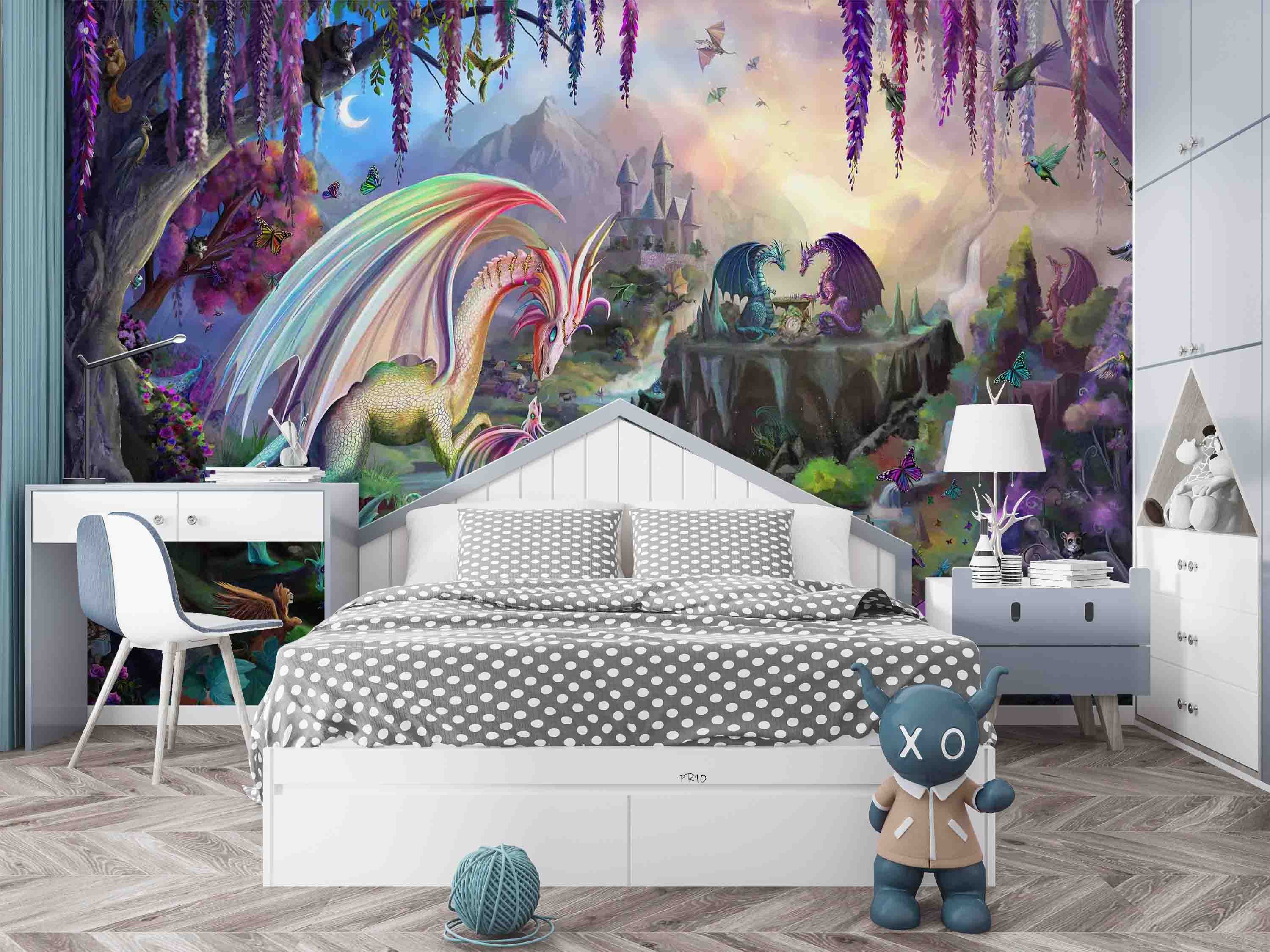 3D Fantasy Castle Plant Floral Dragon Wall Mural Wallpaper GD 4767- Jess Art Decoration