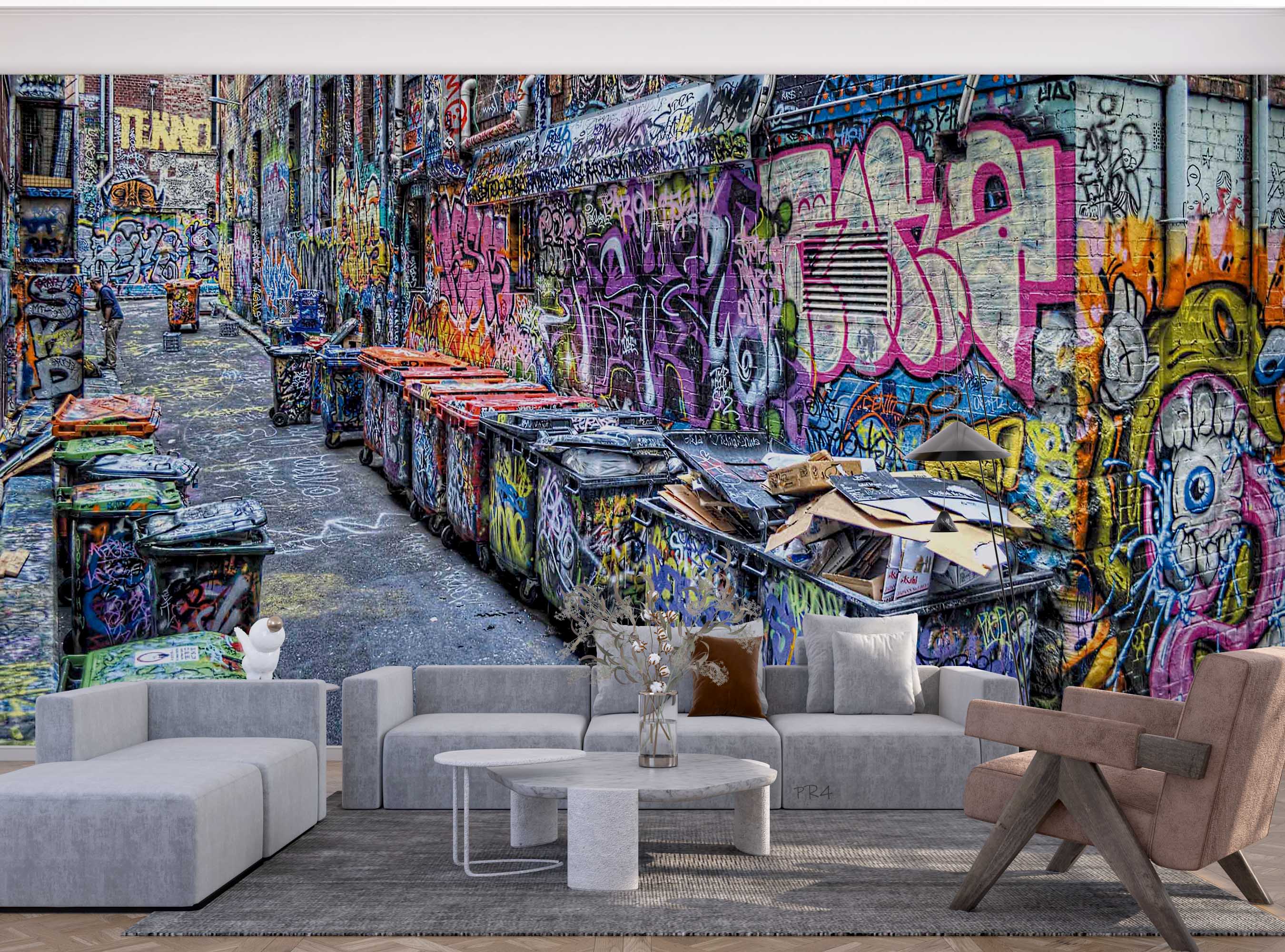 Street Architecture Trash Can Art Graffiti Wallpaper urban graffiti wall mural for teen room, studio or feature wall - view 3