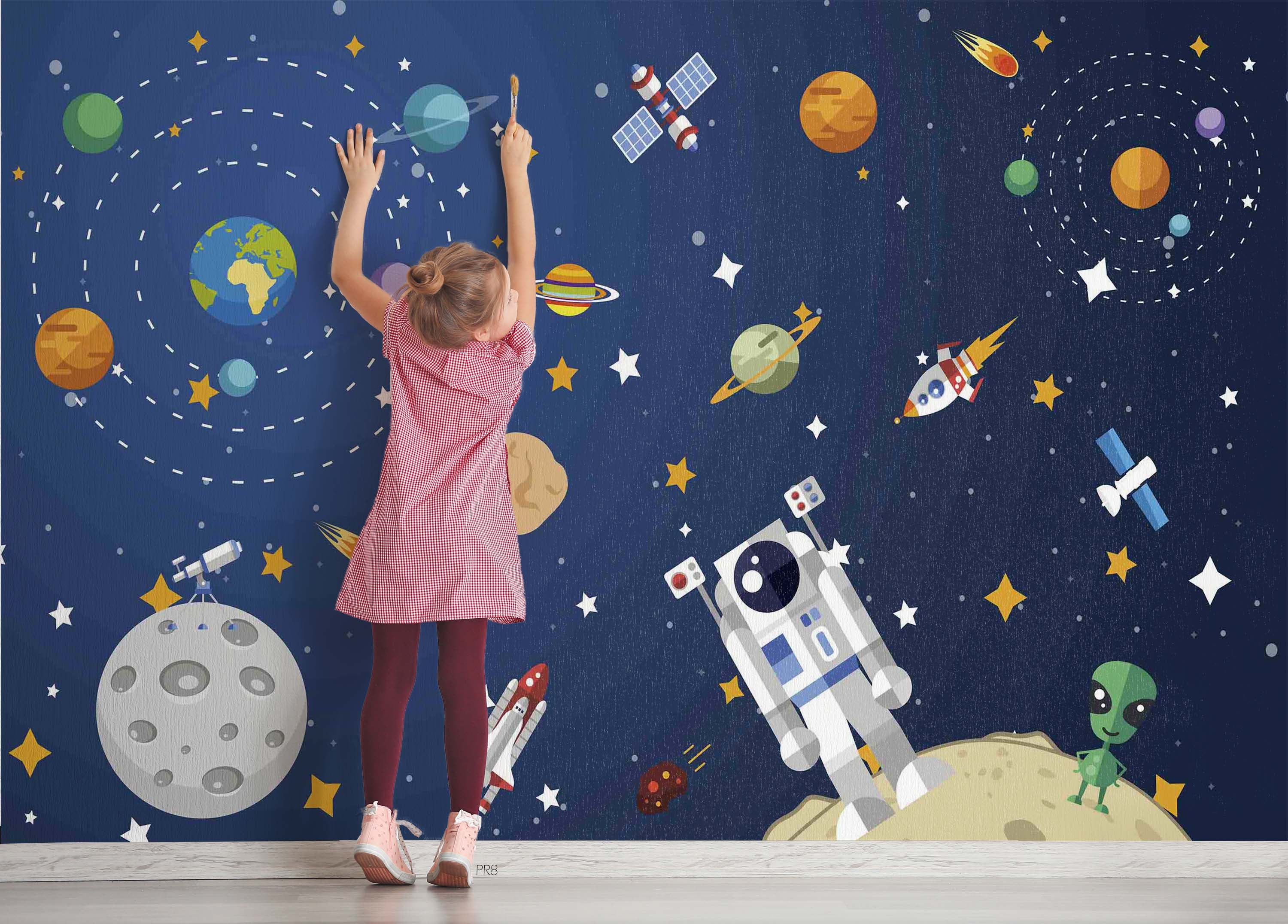 3D Cartoon Space Planet Satellite Star Wall Mural Wallpaper GD 4551- Jess Art Decoration