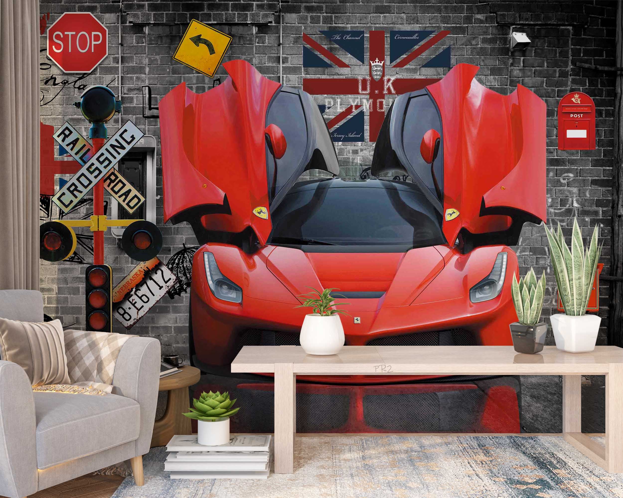 3D Red Ferrari Traffic Sign Wall Mural Wallpaper GD 3787- Jess Art Decoration