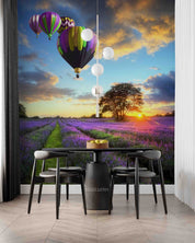 3D Sunset Clouds Sky Lavender Field English Countryside Landscape Hot Air Balloon Wall Mural Wallpaper GD 5055- Jess Art Decoration