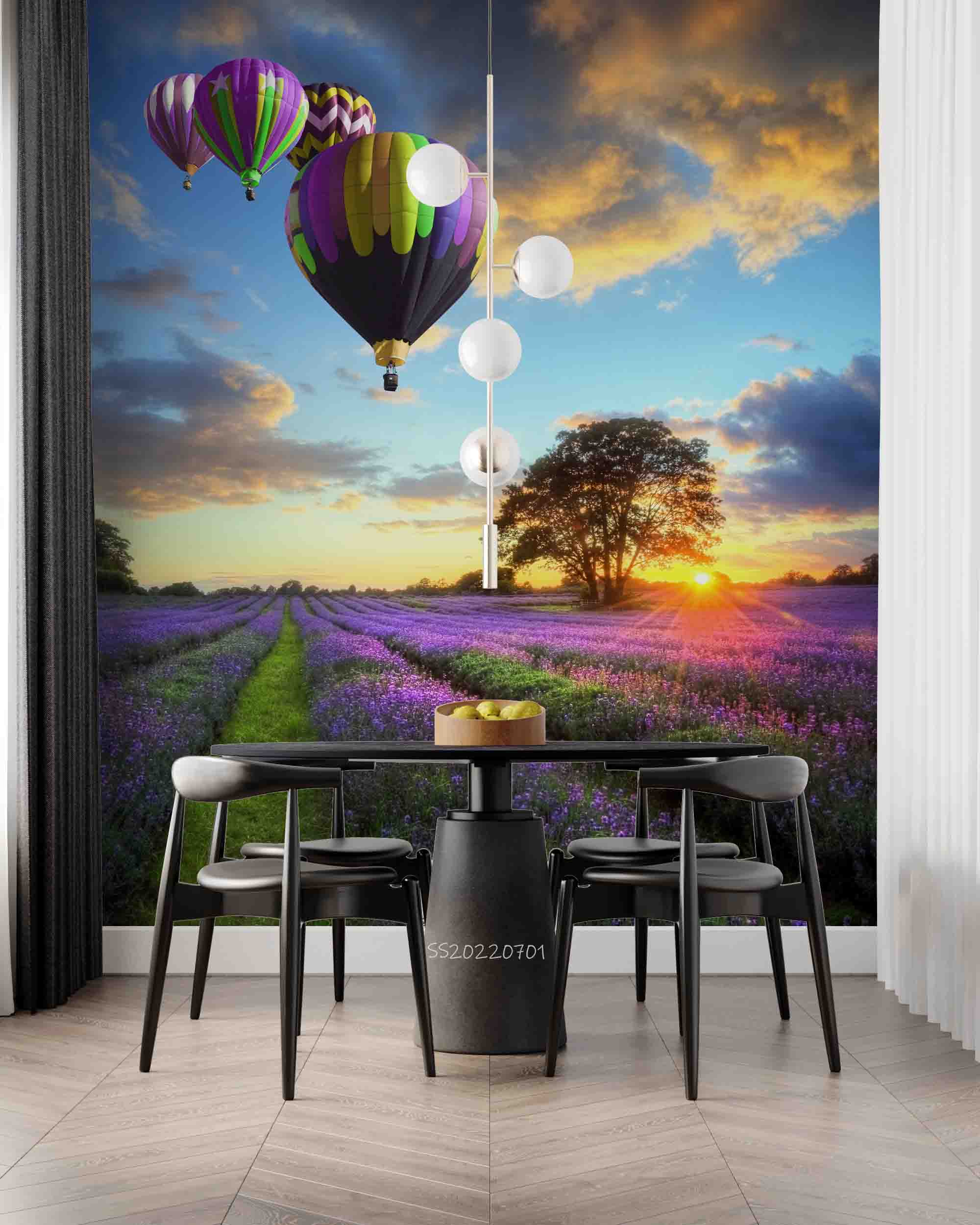 3D Sunset Clouds Sky Lavender Field English Countryside Landscape Hot Air Balloon Wall Mural Wallpaper GD 5055- Jess Art Decoration