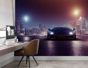 3D Black Sports Car City Night Scene Wallpaper Wall Mural Wall Decor Wall Art Wall Sticker Remoable Wallpaper