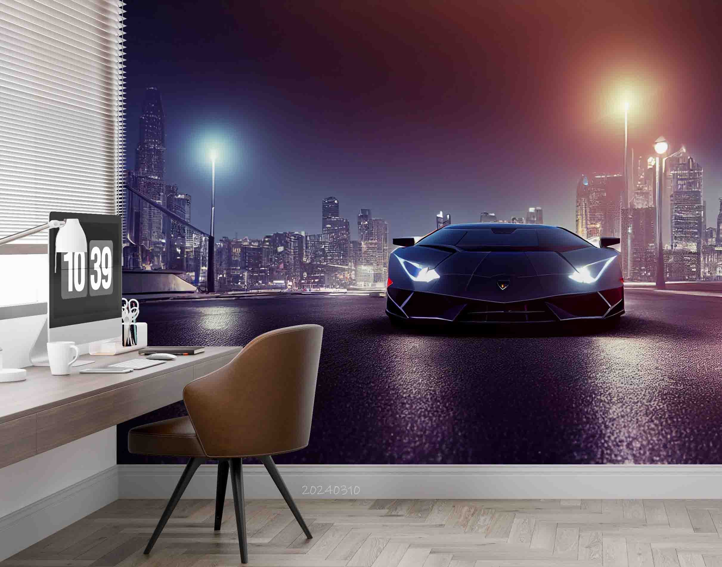 3D Black Sports Car City Night Scene Wallpaper Wall Mural Wall Decor Wall Art Wall Sticker Remoable Wallpaper