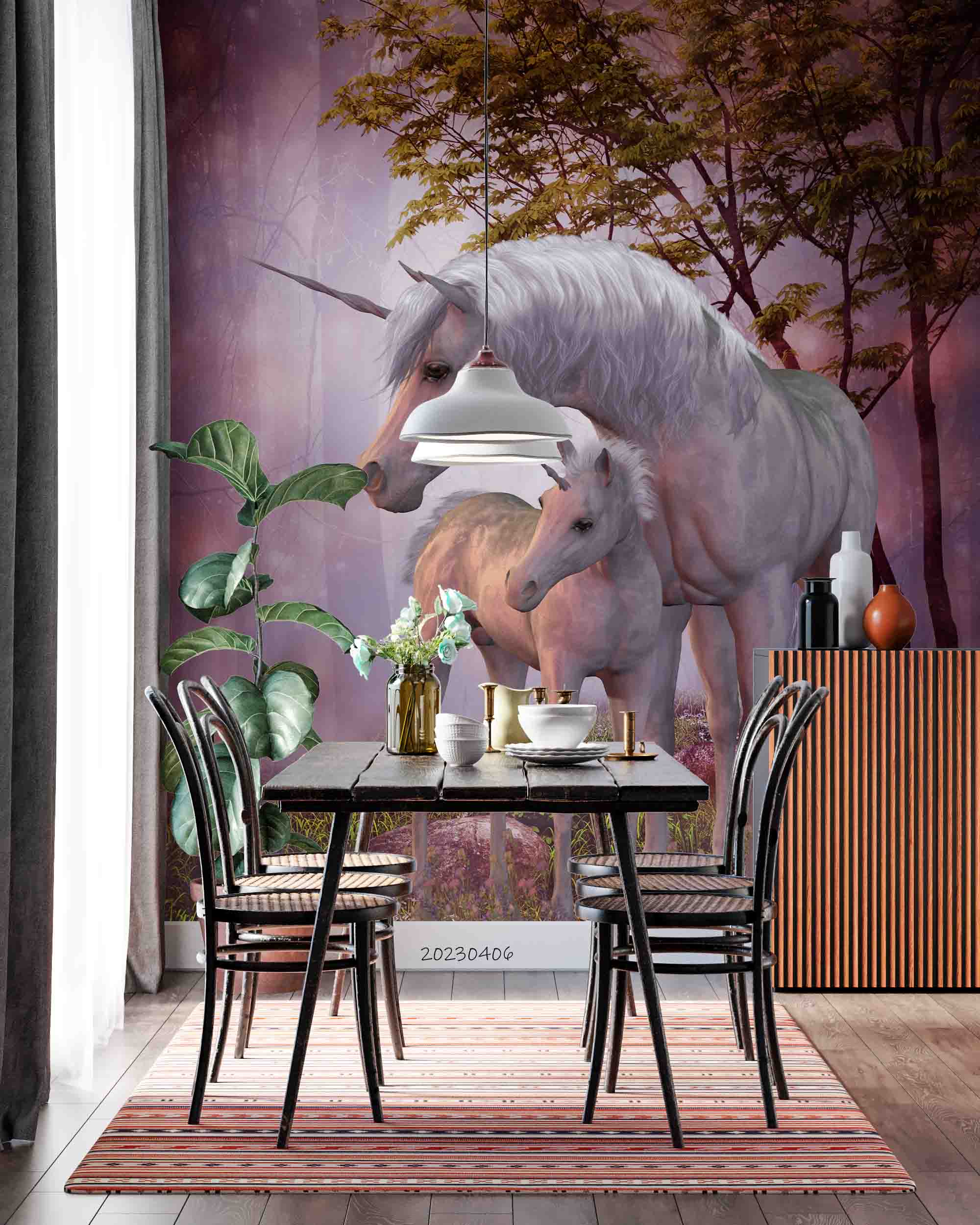 3D Unicorn Mare Foal Magic Forest Wall Mural Wallpaper GD 5658- Jess Art Decoration