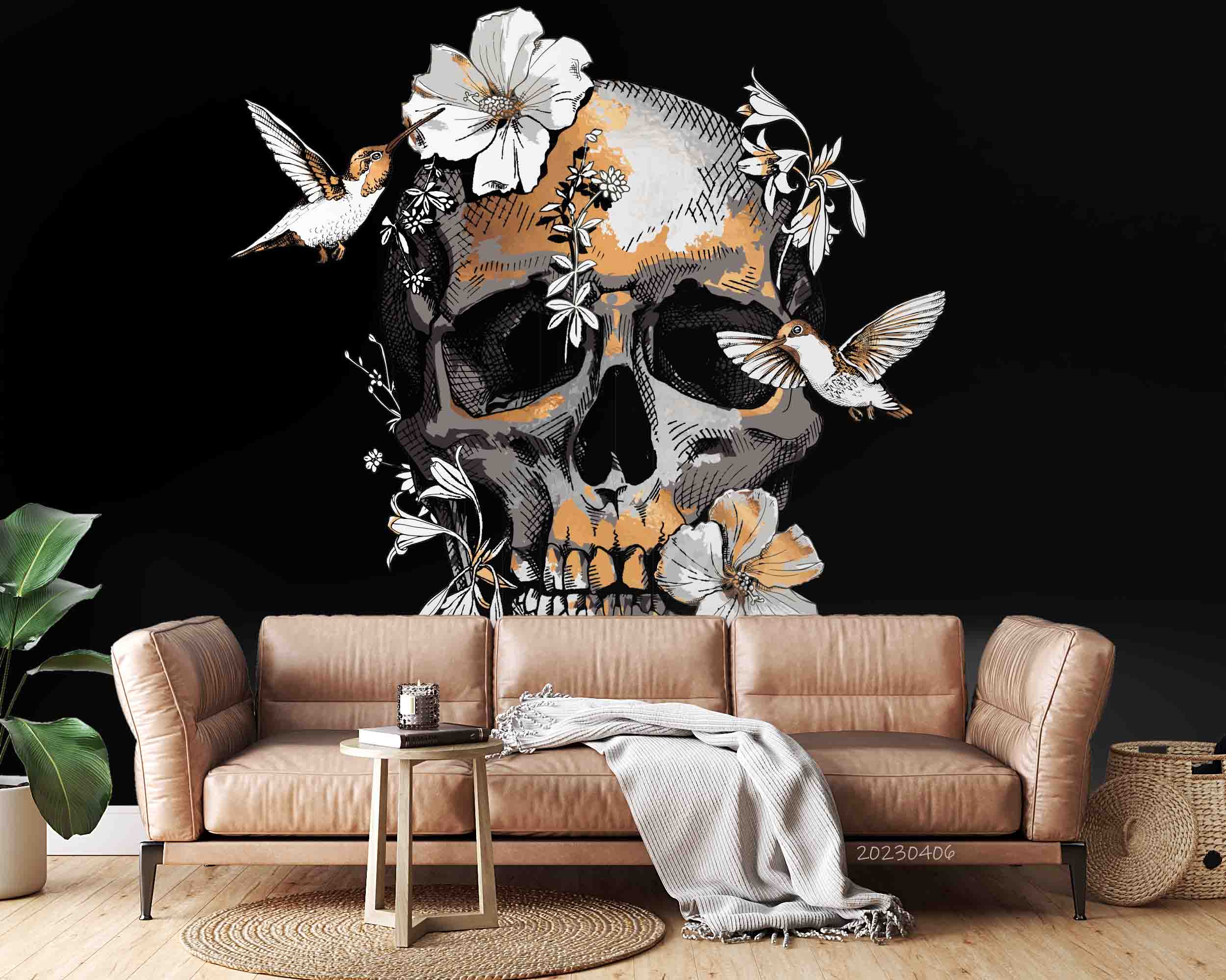 3D Human Skull Exotic Tropical Hibiscus Hummingbird Wall Mural Wallpaper GD 5632- Jess Art Decoration