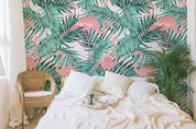 3D Green Tropical Jungle Palm Leaves Pink Exotic Flamingo Wall Mural Wallpaper GD 5157- Jess Art Decoration
