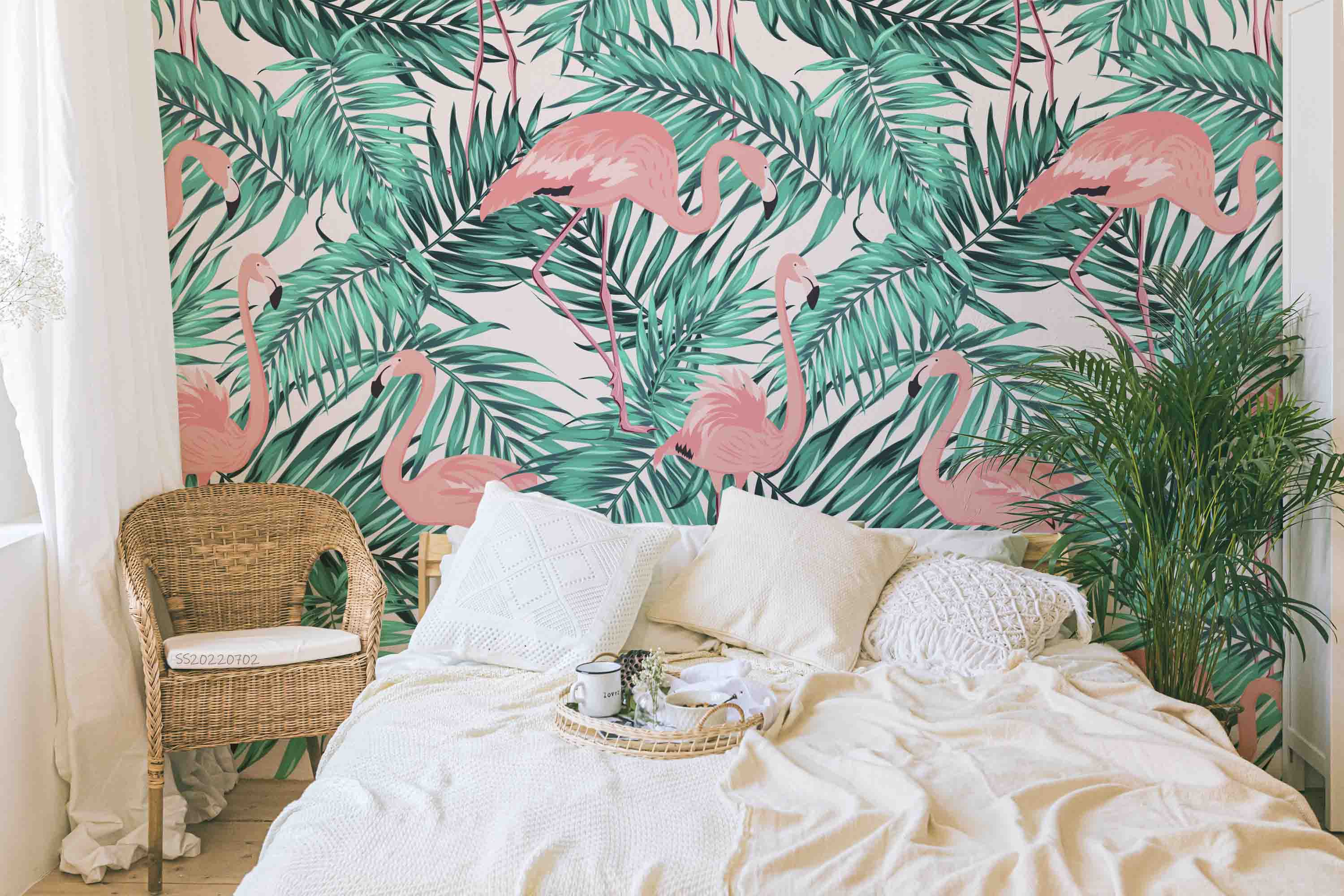 3D Green Tropical Jungle Palm Leaves Pink Exotic Flamingo Wall Mural Wallpaper GD 5157- Jess Art Decoration