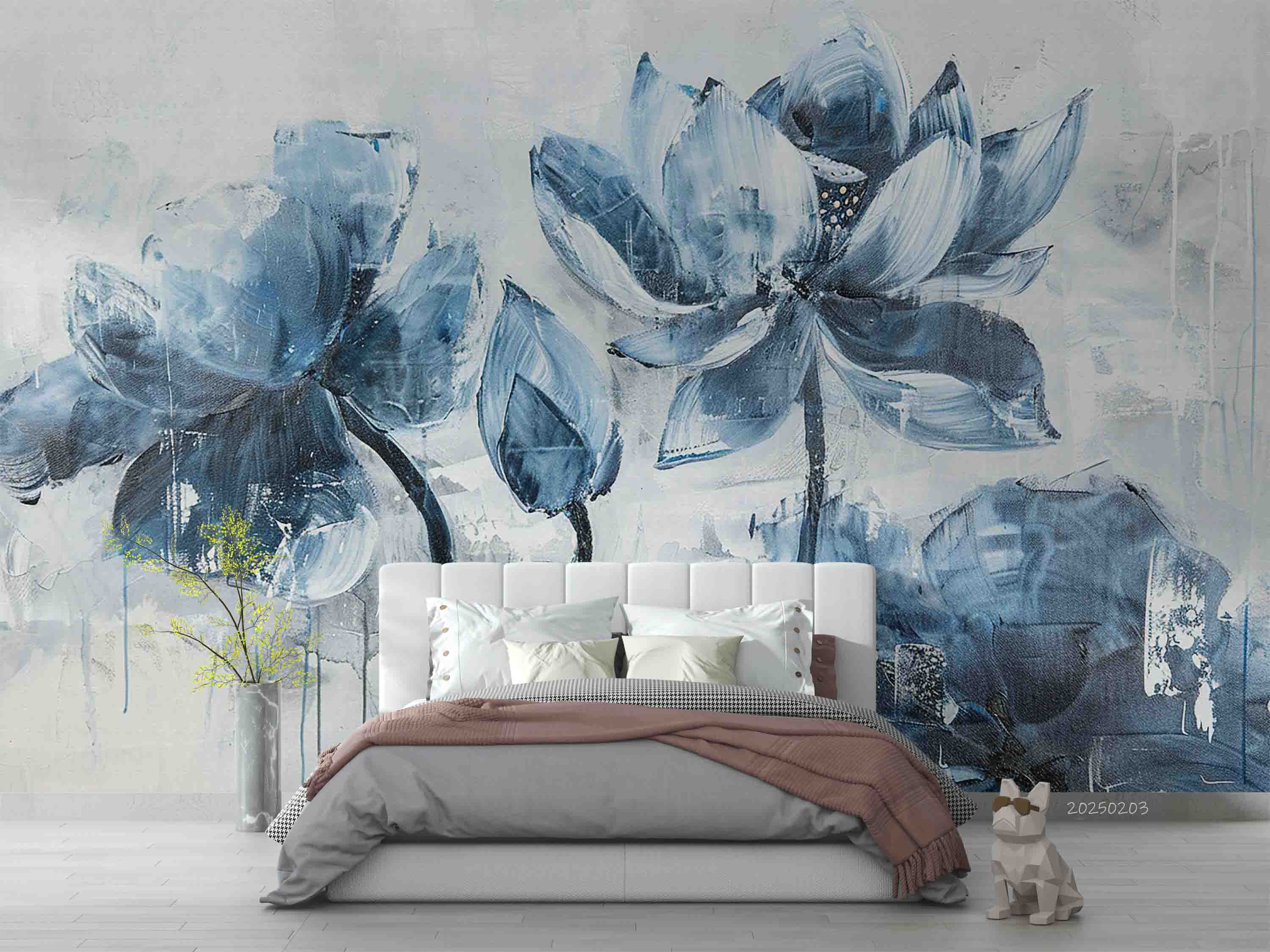 3D Blue Lotus Flower Oil Painting Wallpaper Wall Mural Wall Decor Wall Art Wall Sticker Remoable Wallpaper LQH