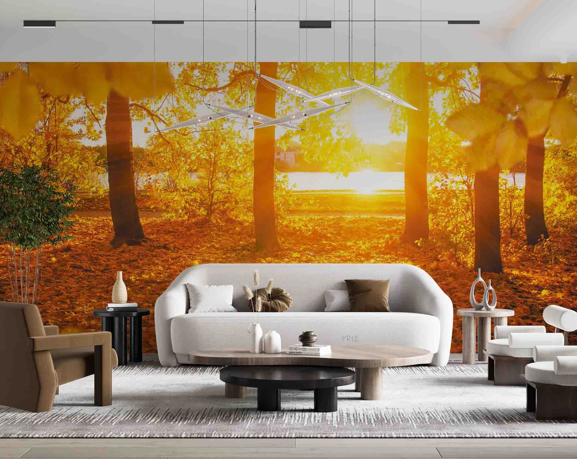3D Autumn Forest Fallen Leaves River Sunset Scenery Wall Mural Wallpaper GD 4978- Jess Art Decoration