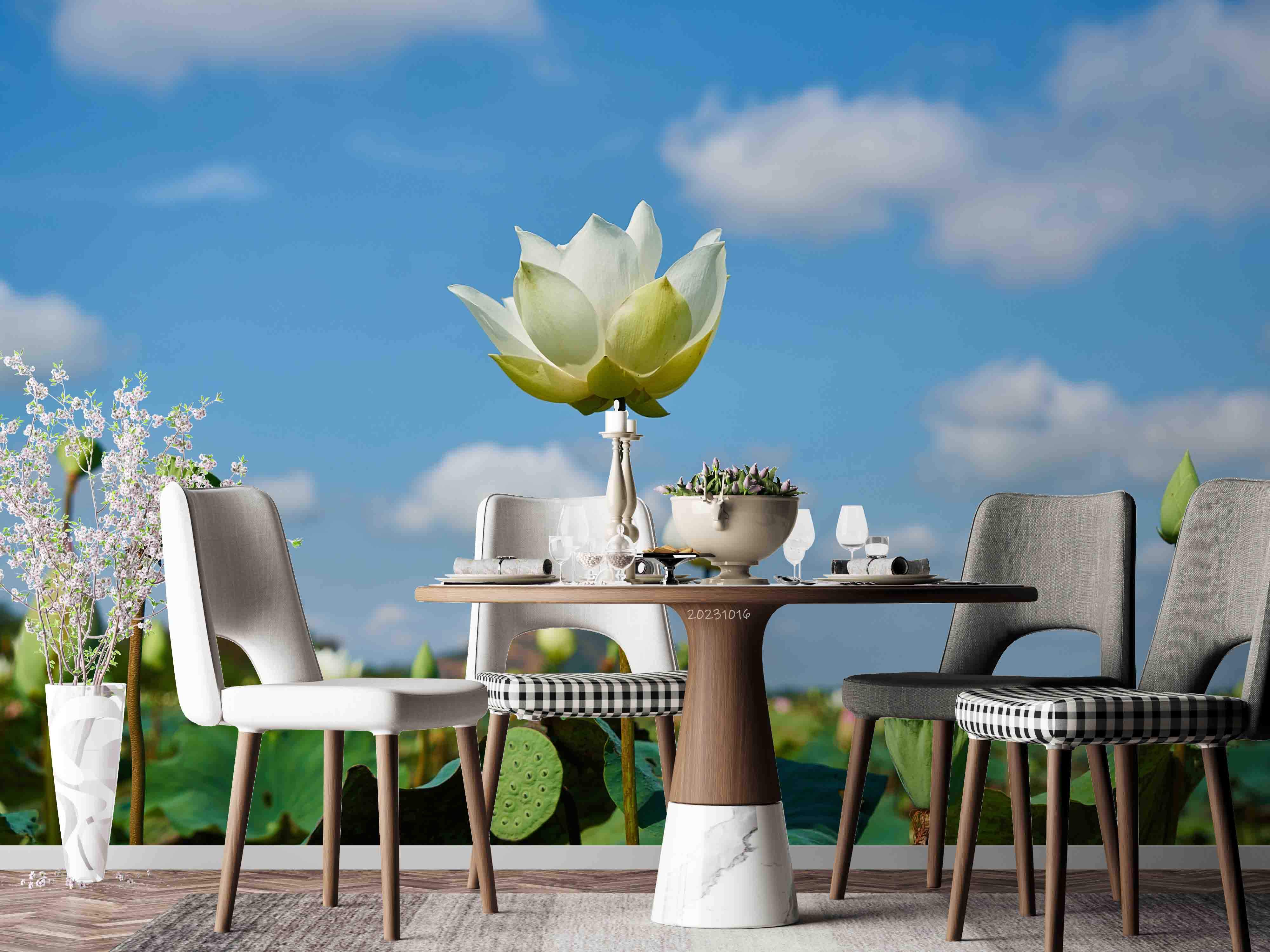 3D Floral Lotus Bluesky Cloud Wall Mural Wallpaper YXL 2970