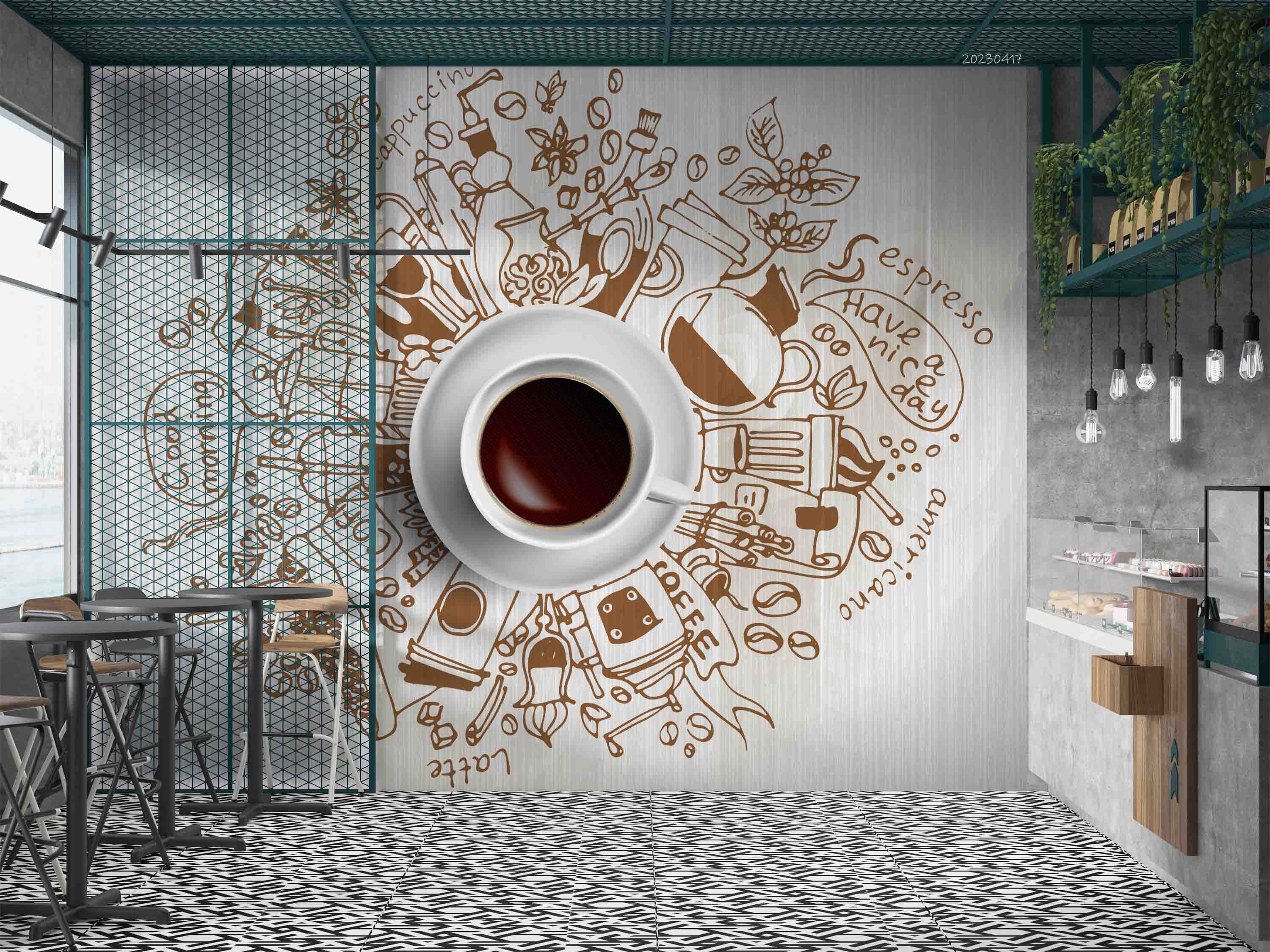 3D Doodle Morning Coffee Wooden Background Wall Mural Wallpaper GD 5560- Jess Art Decoration