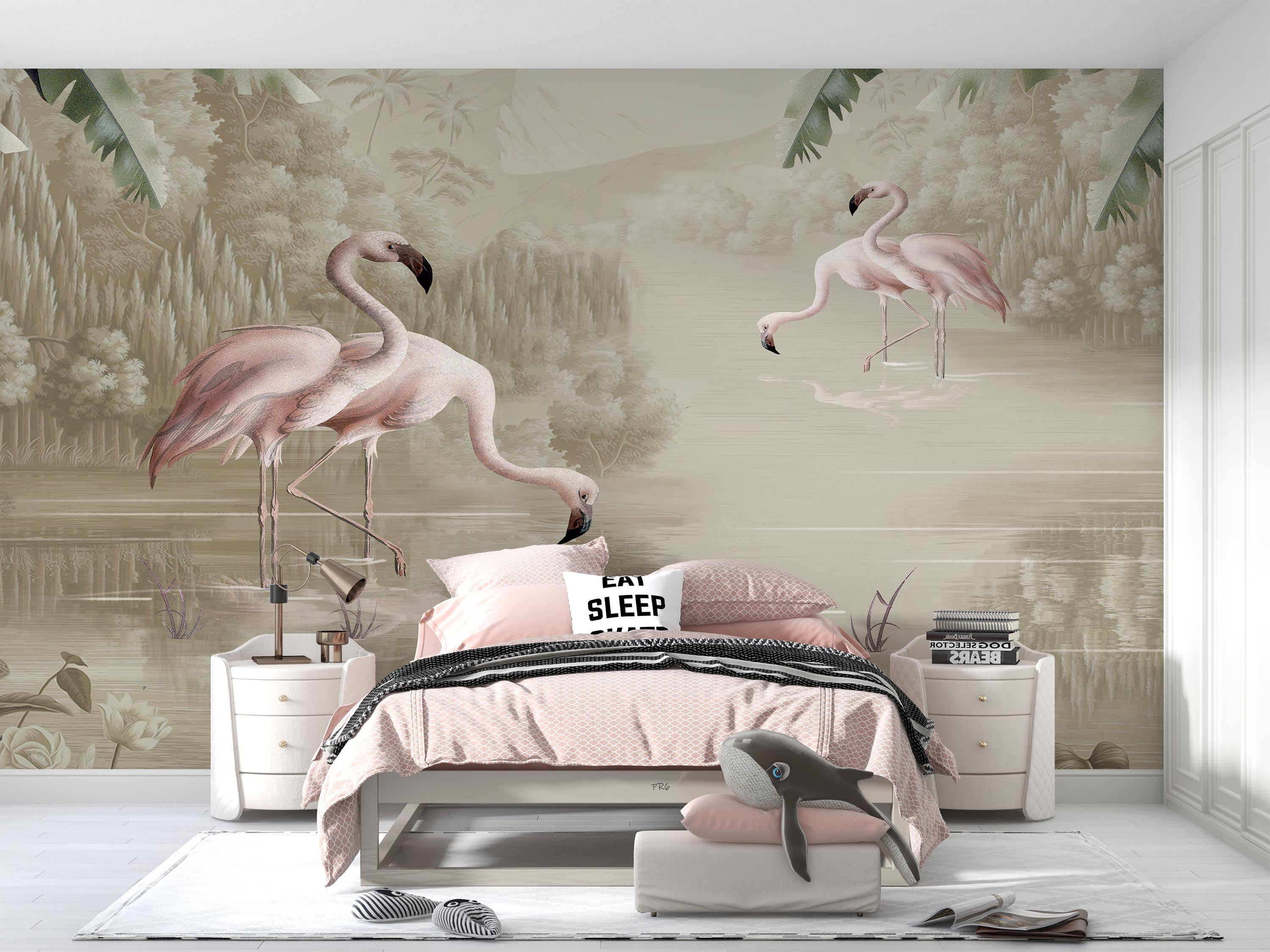 3D Animal Flamingo River Reed Leaf Wall Mural Wallpaper YXL 5- Jess Art Decoration