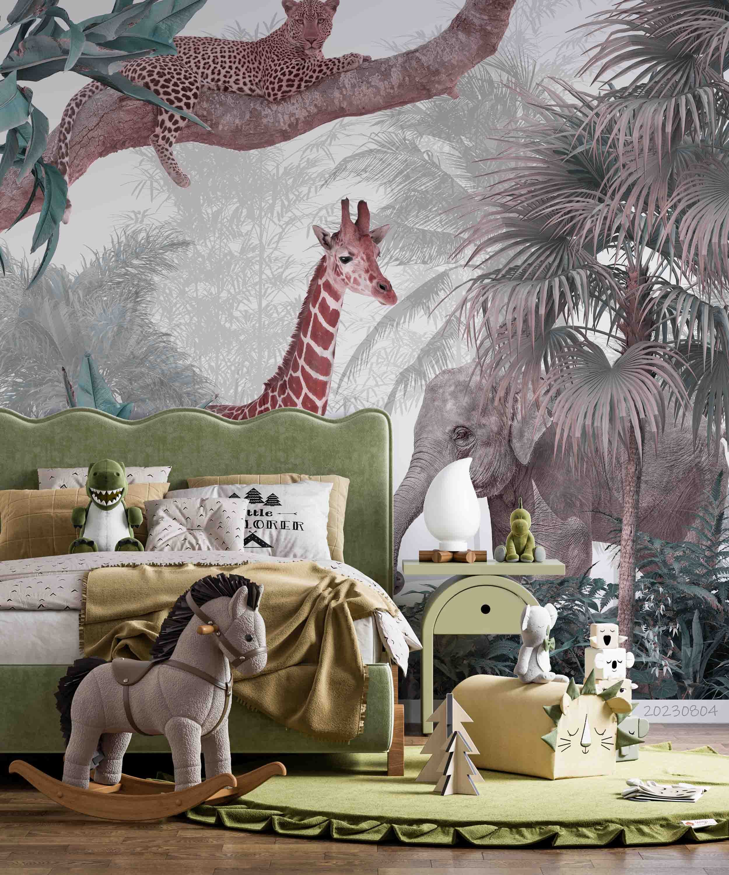 3D Animal Tree Elephant Giraffe Cheetah Wall Mural Wallpaper YXL 2545
