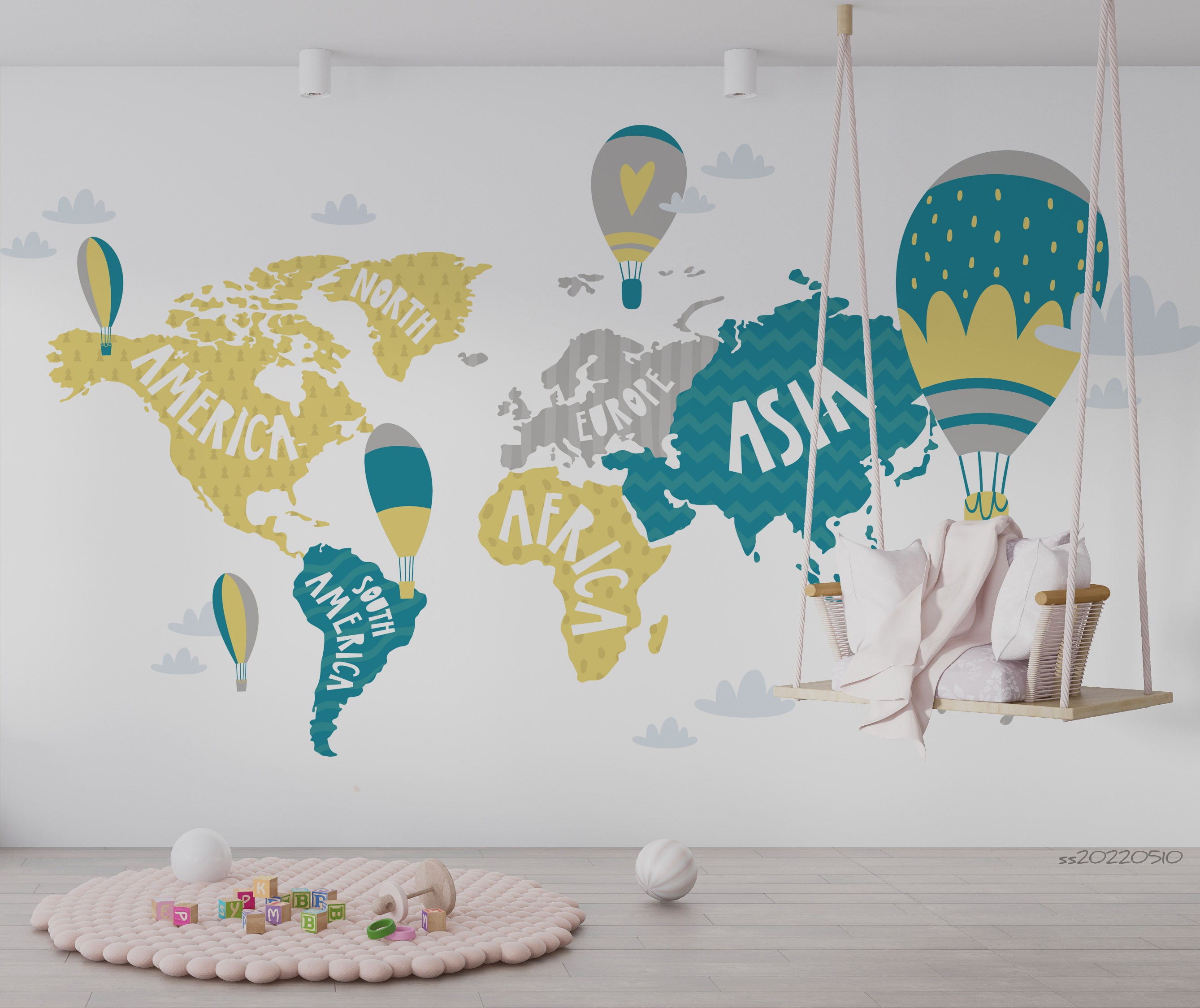 3D World Map Hot Air Balloon Kids Wall Mural Wallpaper GD 4066- Jess Art Decoration