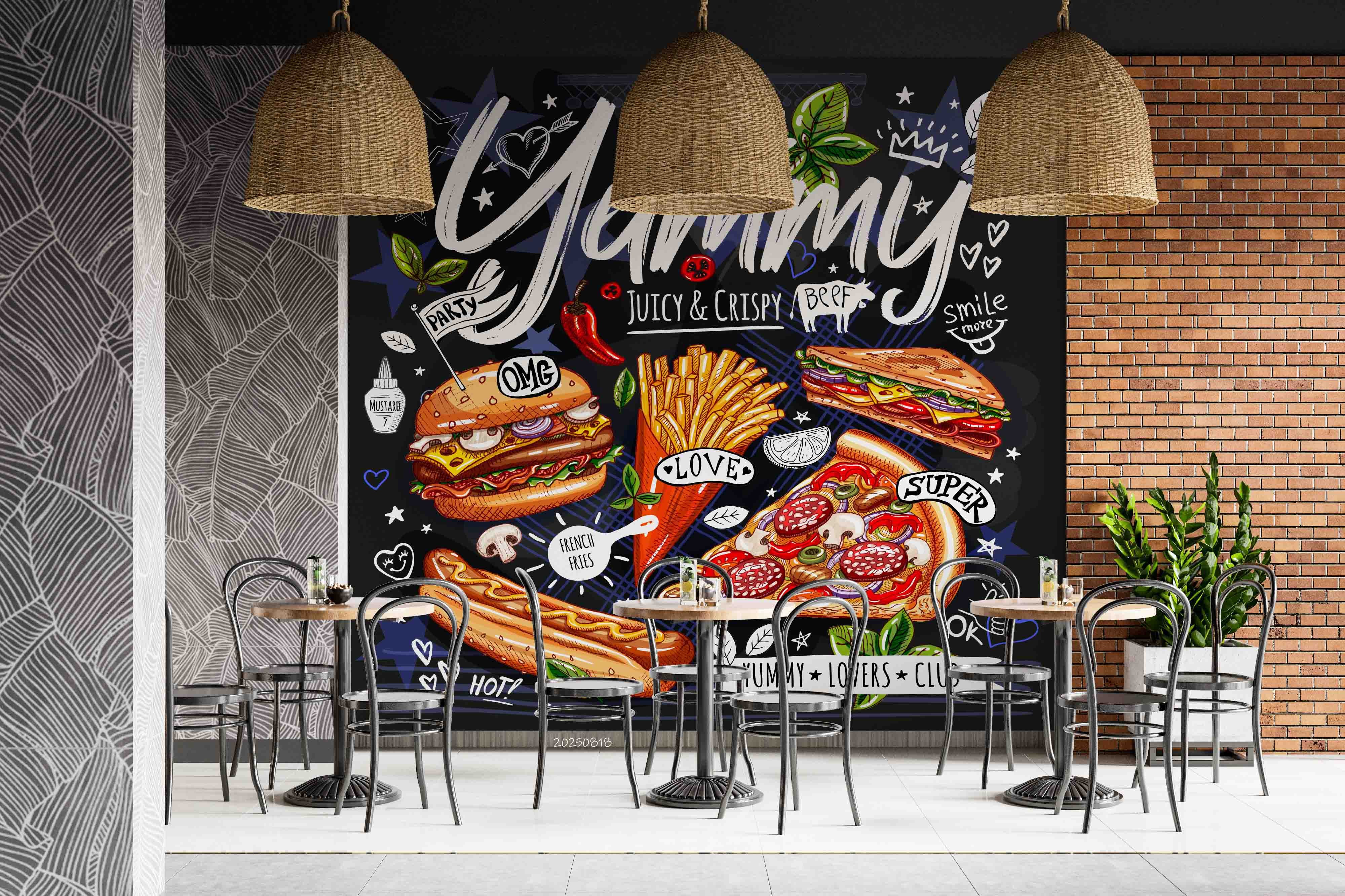 3D Restaurant Snack Bar Diner Fast Food Hamburger Chips Pizza Wall Mural Wallpaper 8