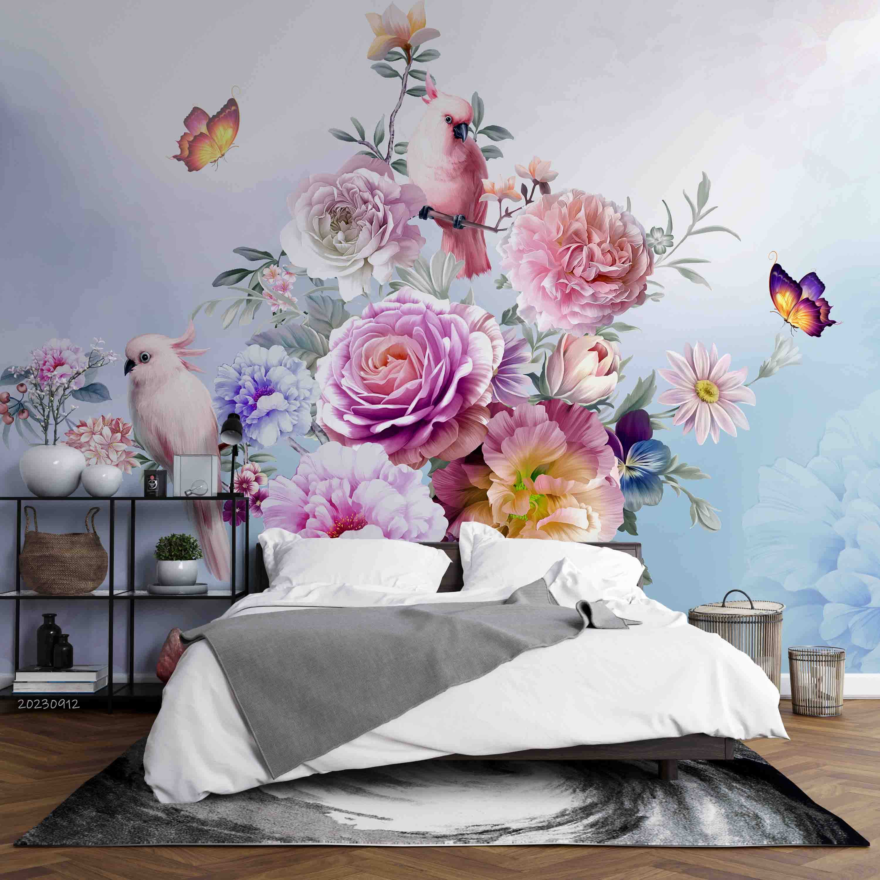 3D Floral Butterfly Parrot  Rose Wall Mural Wallpaper YXL 2630