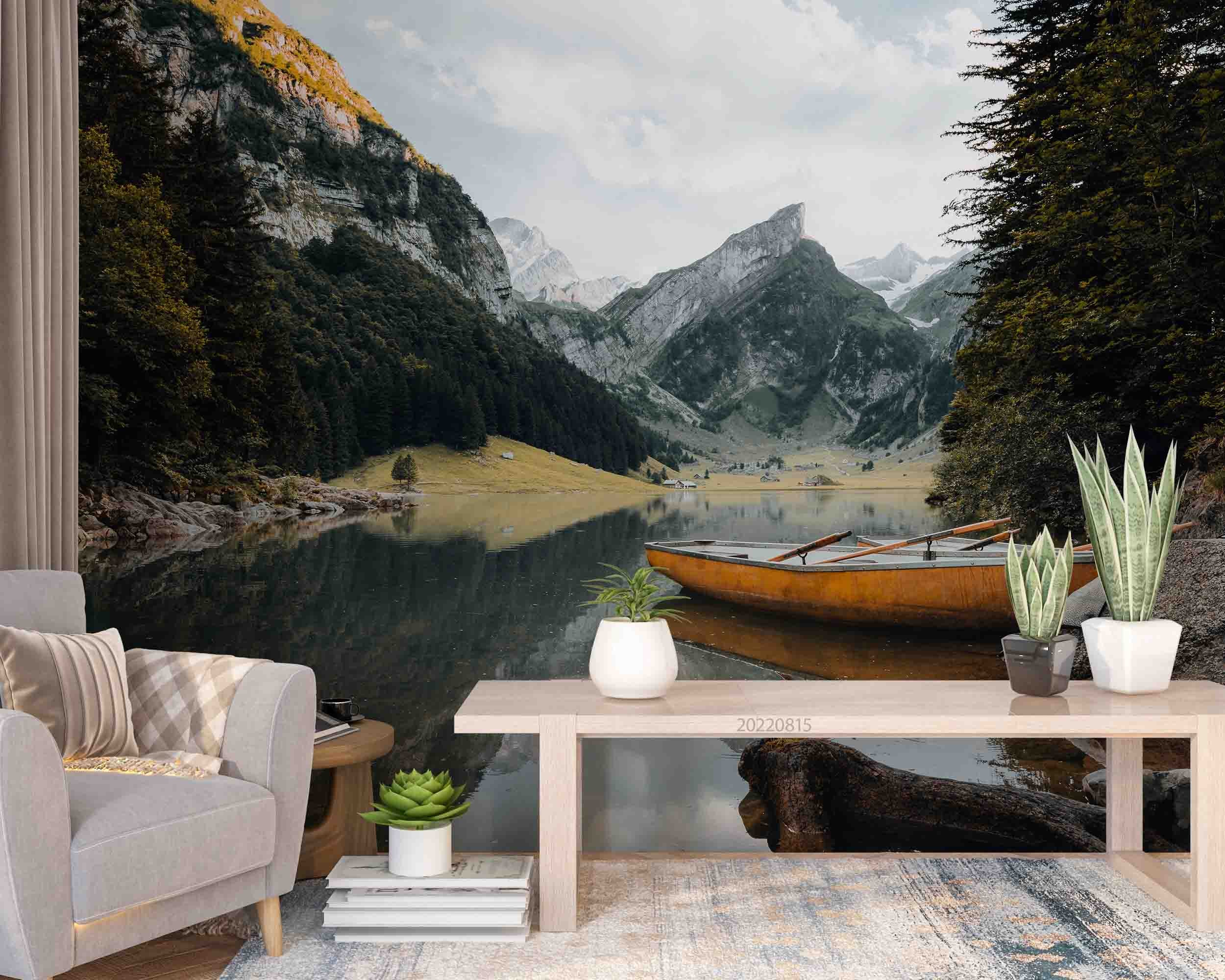 3D Mountain River Trees Boat Landscape Wall Mural Wallpaper GD 2939- Jess Art Decoration