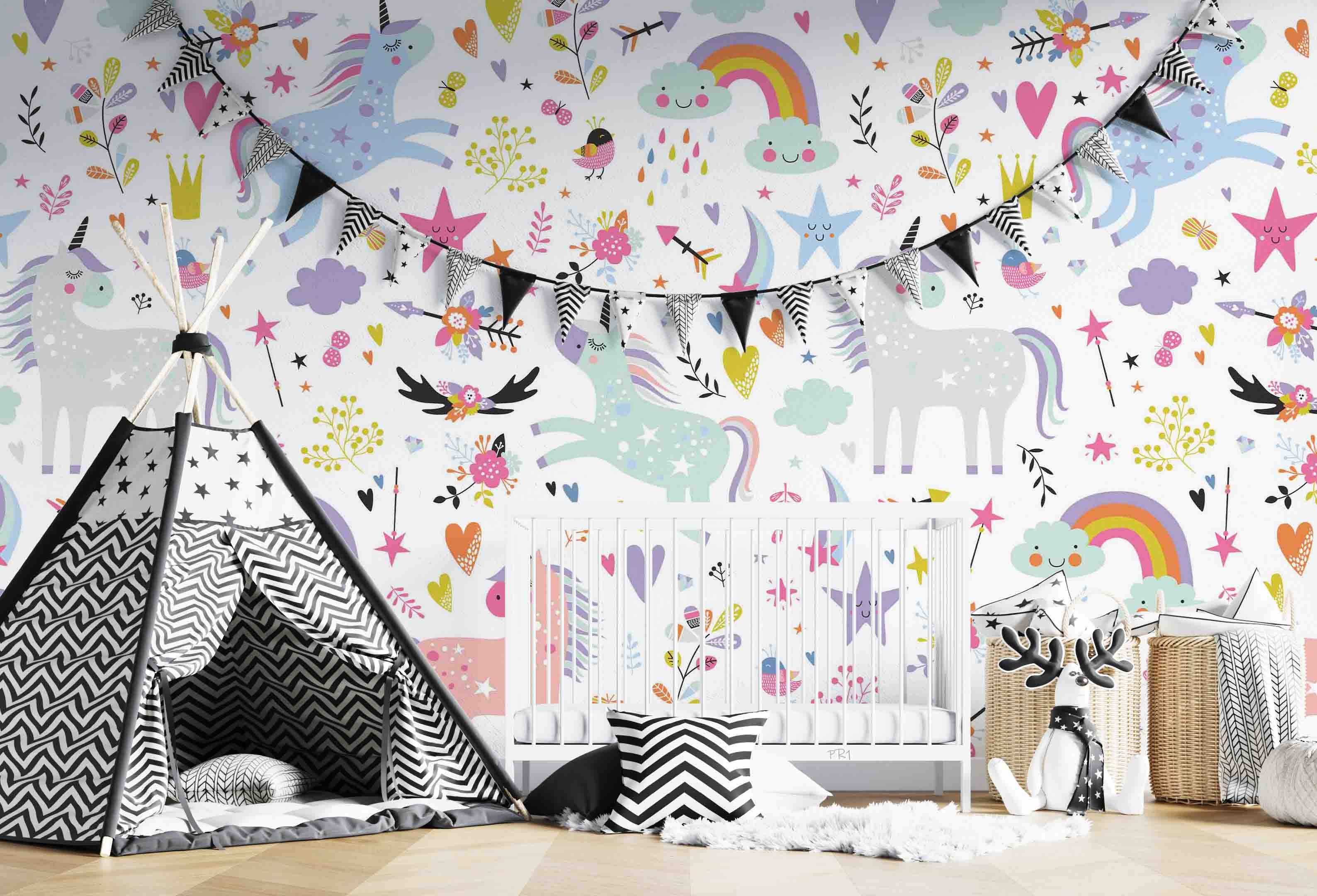 3D Unicorn Rainbow  Star Leaf Love Wall Mural Wallpaper YXL 2692