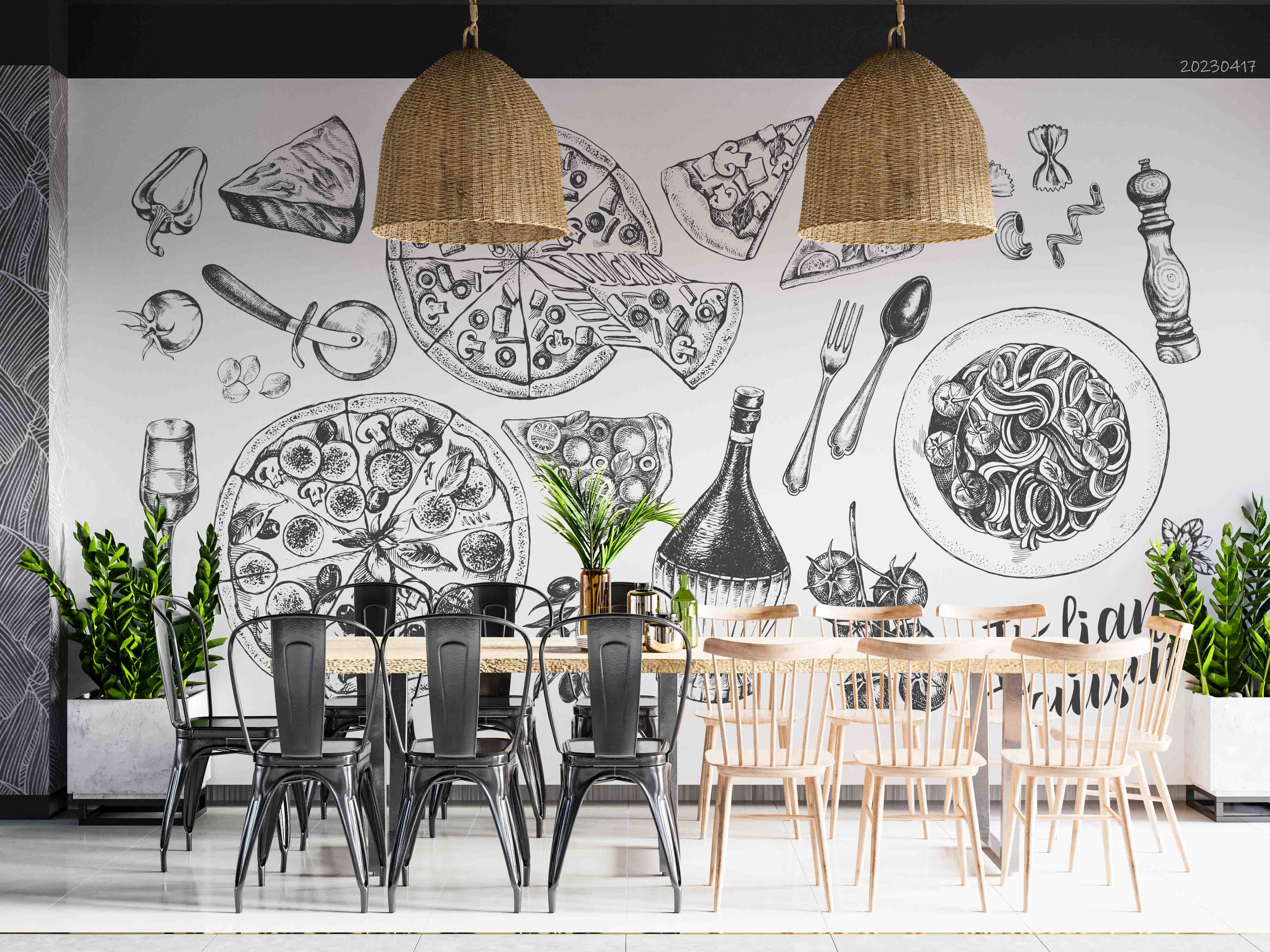 3D Pizza Chianti Mozzarella Pasta Parmesan Ink Wall Mural Wallpaper GD 5541- Jess Art Decoration