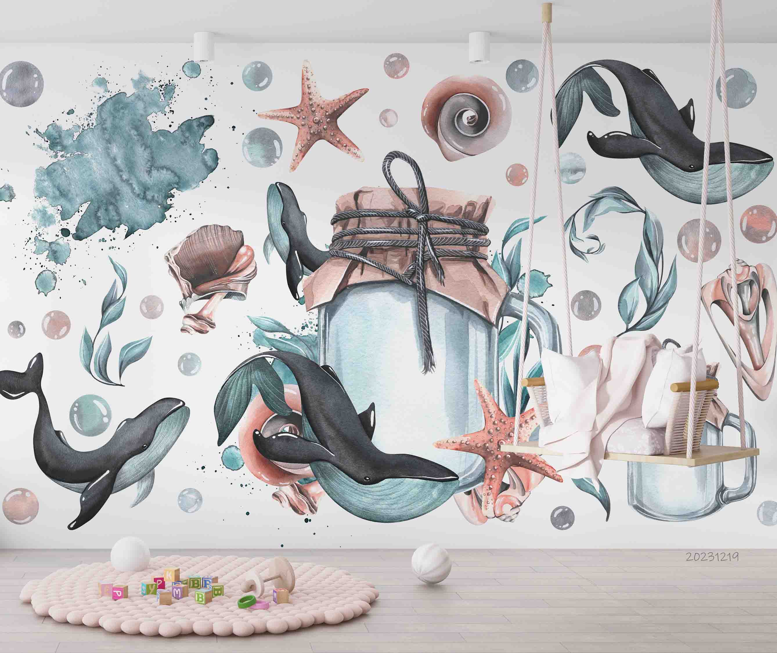 3D Animal Whale Sea Drift Bottle Starfish Coral Wall Mural Wallpaper YXL 13