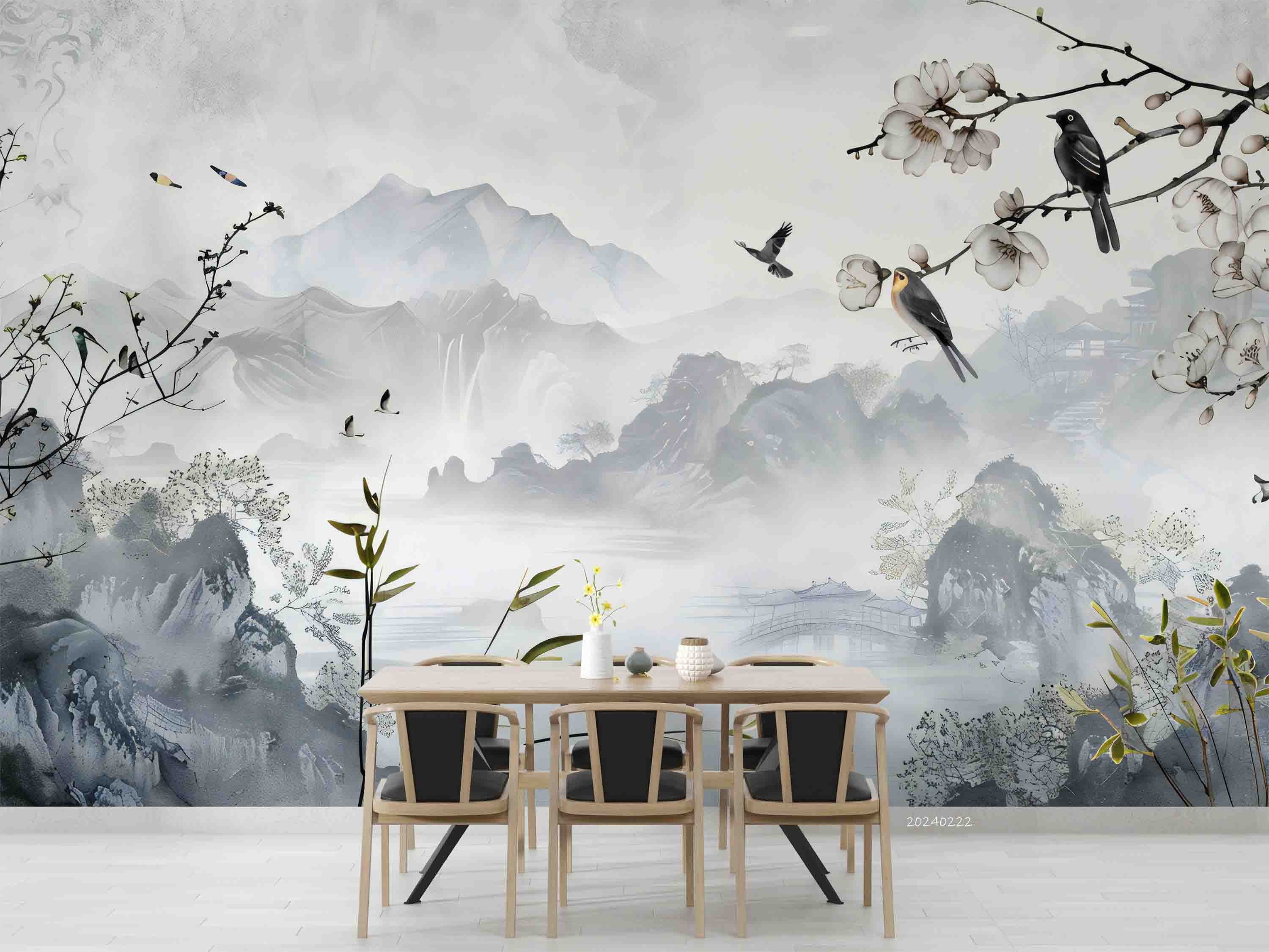 3D Watercolor Grey Mountain Plum Blossom Bird Wallpaper Wall Mural Wall Decor Wall Art Wall Sticker Remoable Wallpaper LQH 11