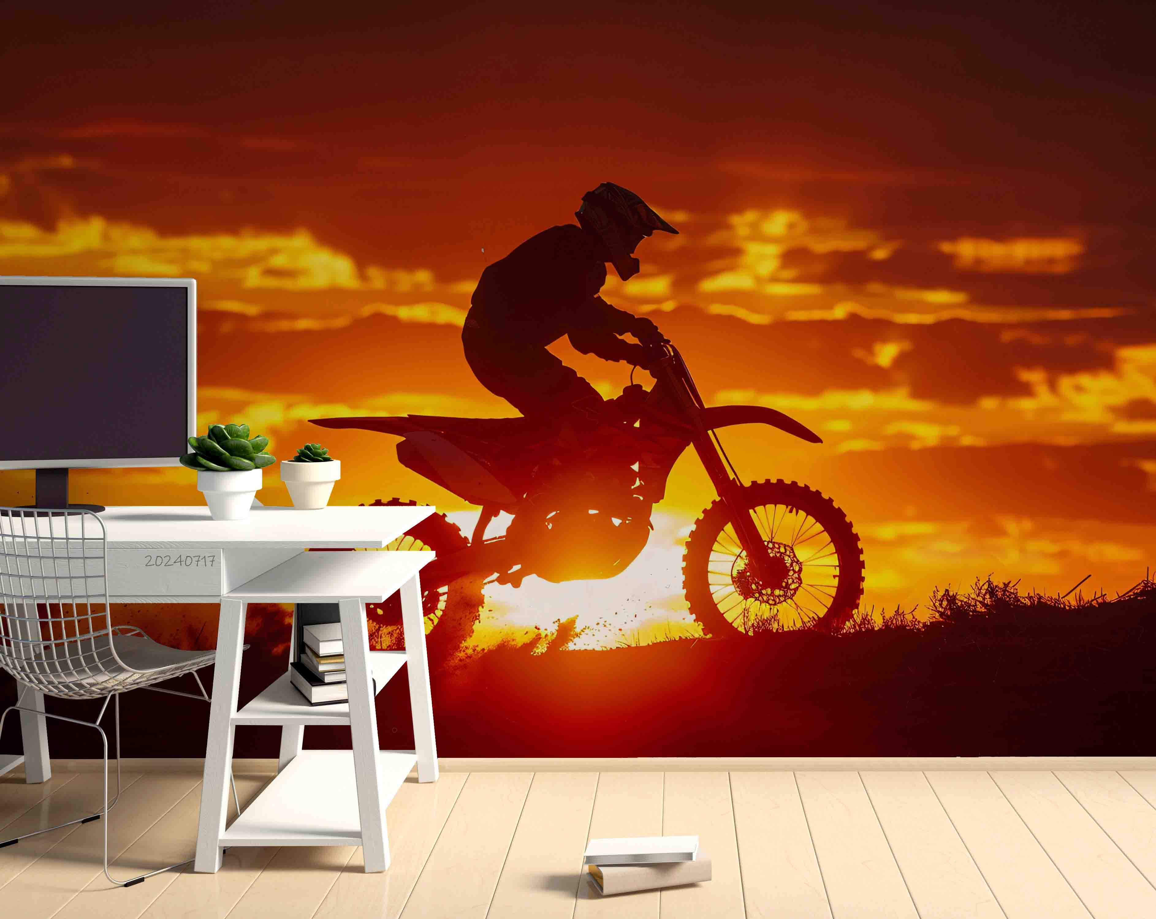 3D Tree Mountain Sunlight Sky Cloud Person Motorbike Wall Mural Wallpaper YXL 62