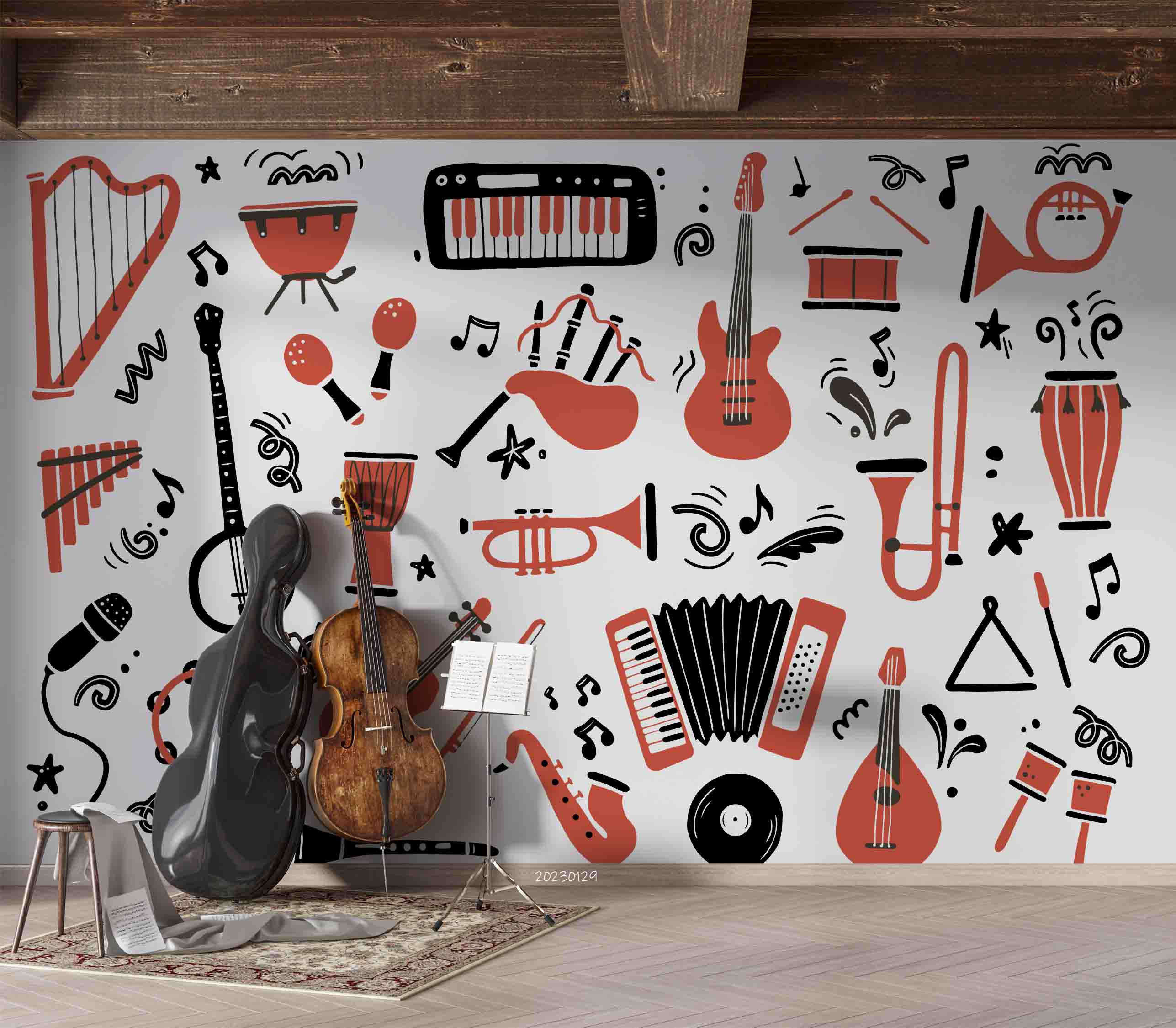 3D Pattern Guitar Piano Drum Trumpet Black Croci Wall Mural Wallpaper YXL 11- Jess Art Decoration