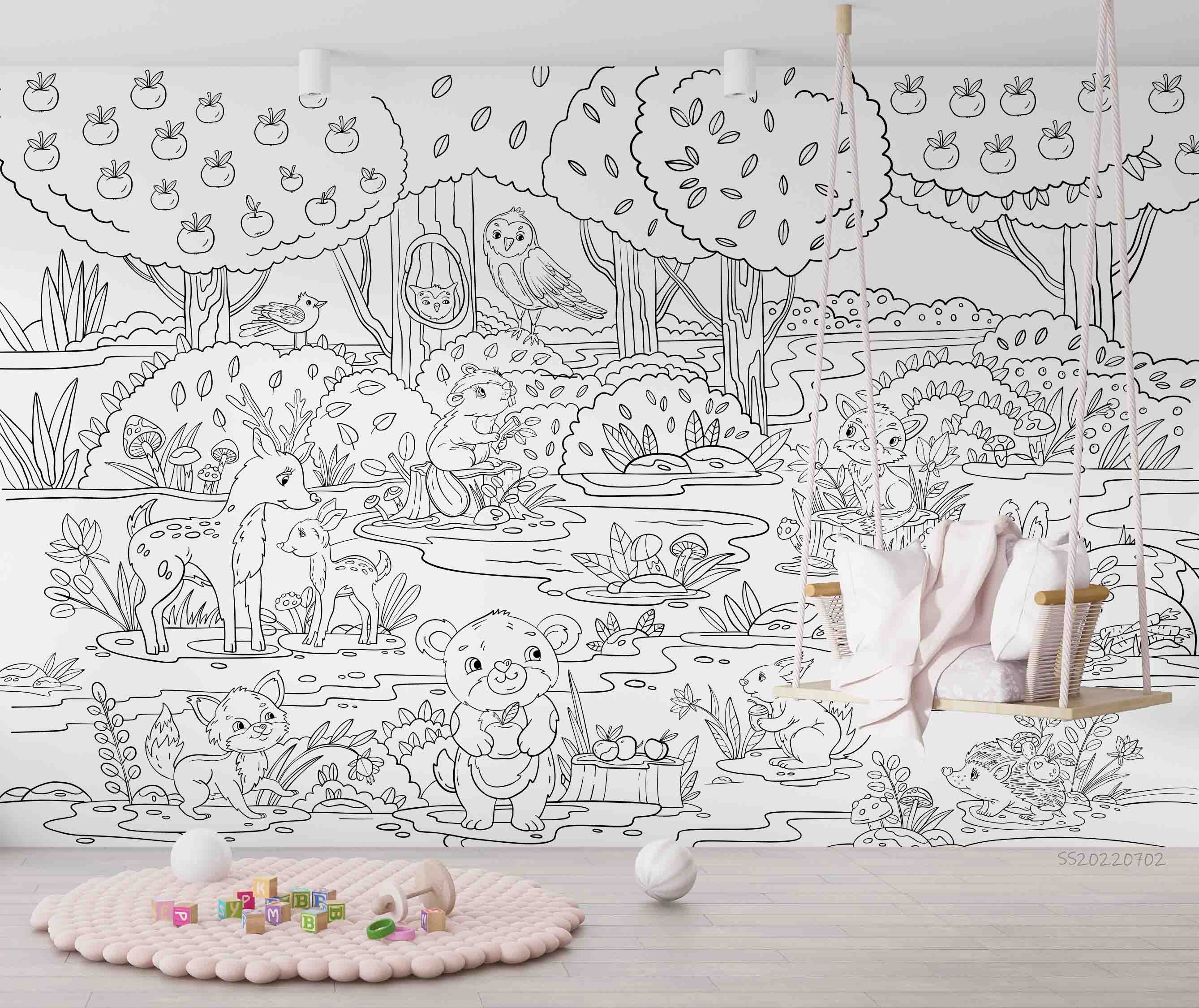 3D Doodle Cute Forest Animals Plants Trees Mushrooms Floral Wall Mural Wallpaper GD 5100- Jess Art Decoration