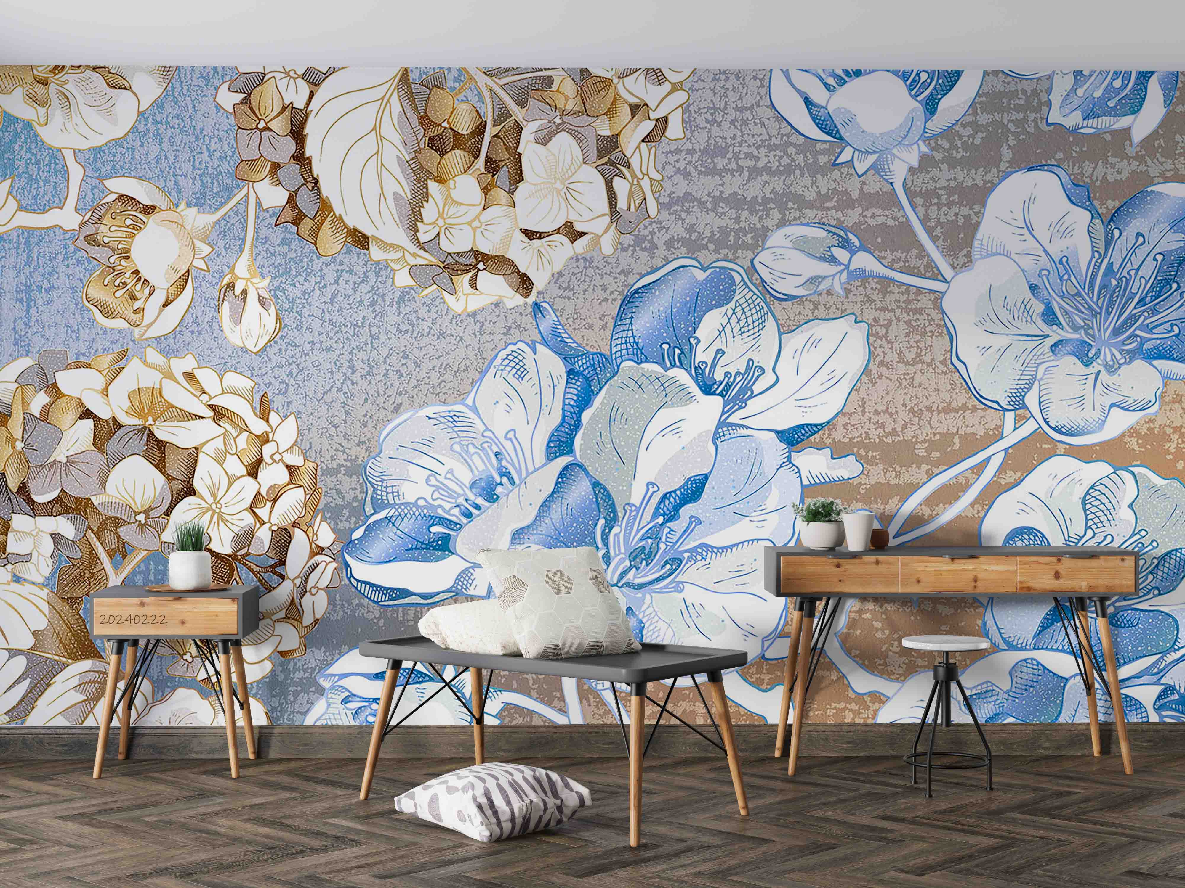3D Watercolor Blue Brown Floral Wallpaper Wall Mural Wall Decor Wall Art Wall Sticker Remoable Wallpaper LQH 13