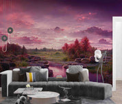 3D Sunset Green Field Pond Grass Rocks Conifer Purple Sky Wall Mural Wallpaper GD 3031- Jess Art Decoration