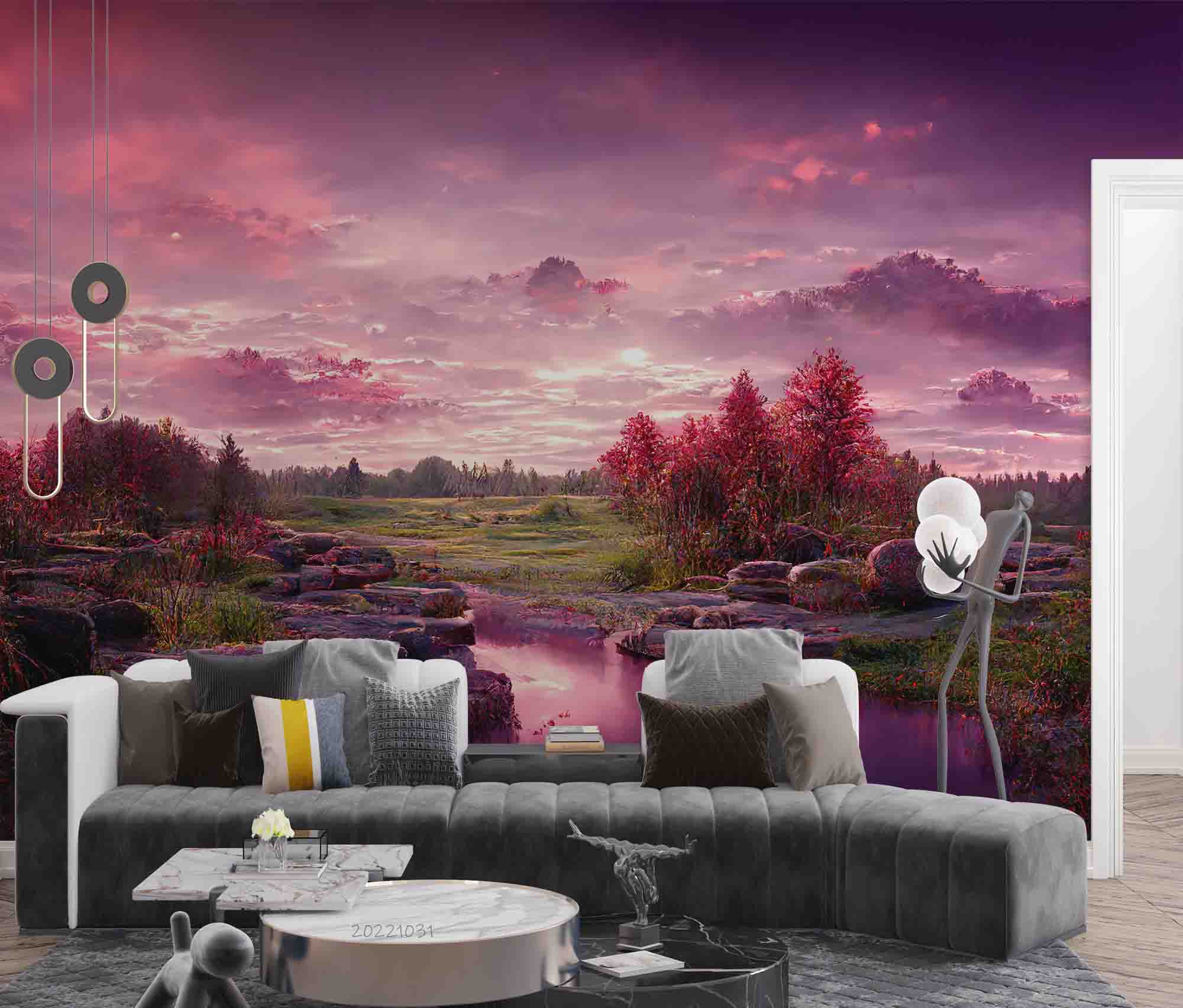3D Sunset Green Field Pond Grass Rocks Conifer Purple Sky Wall Mural Wallpaper GD 3031- Jess Art Decoration