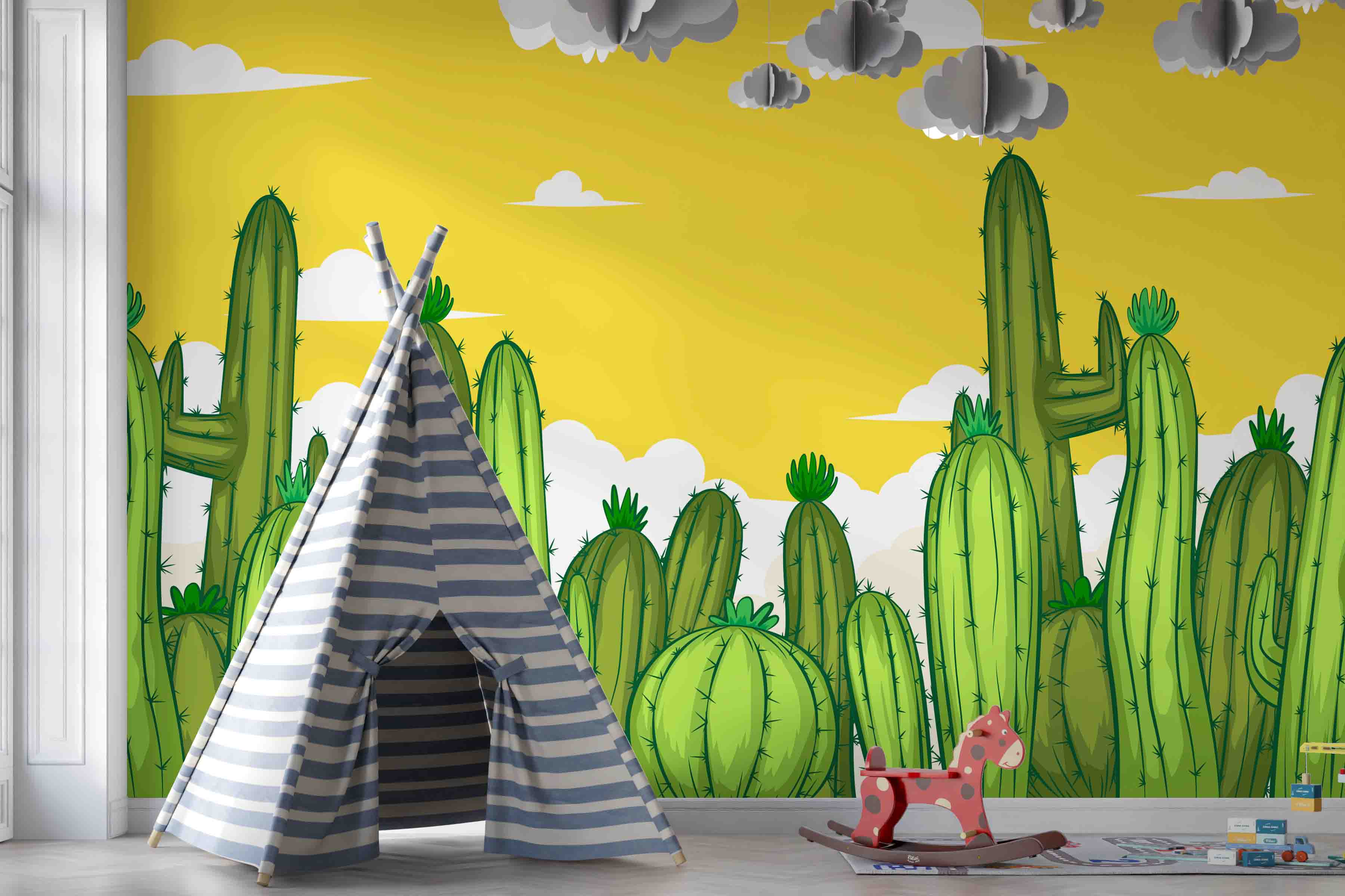 3D Yellow Cactus Sky playful desert cactus illustration wall mural wallpaper for kids room - view 6