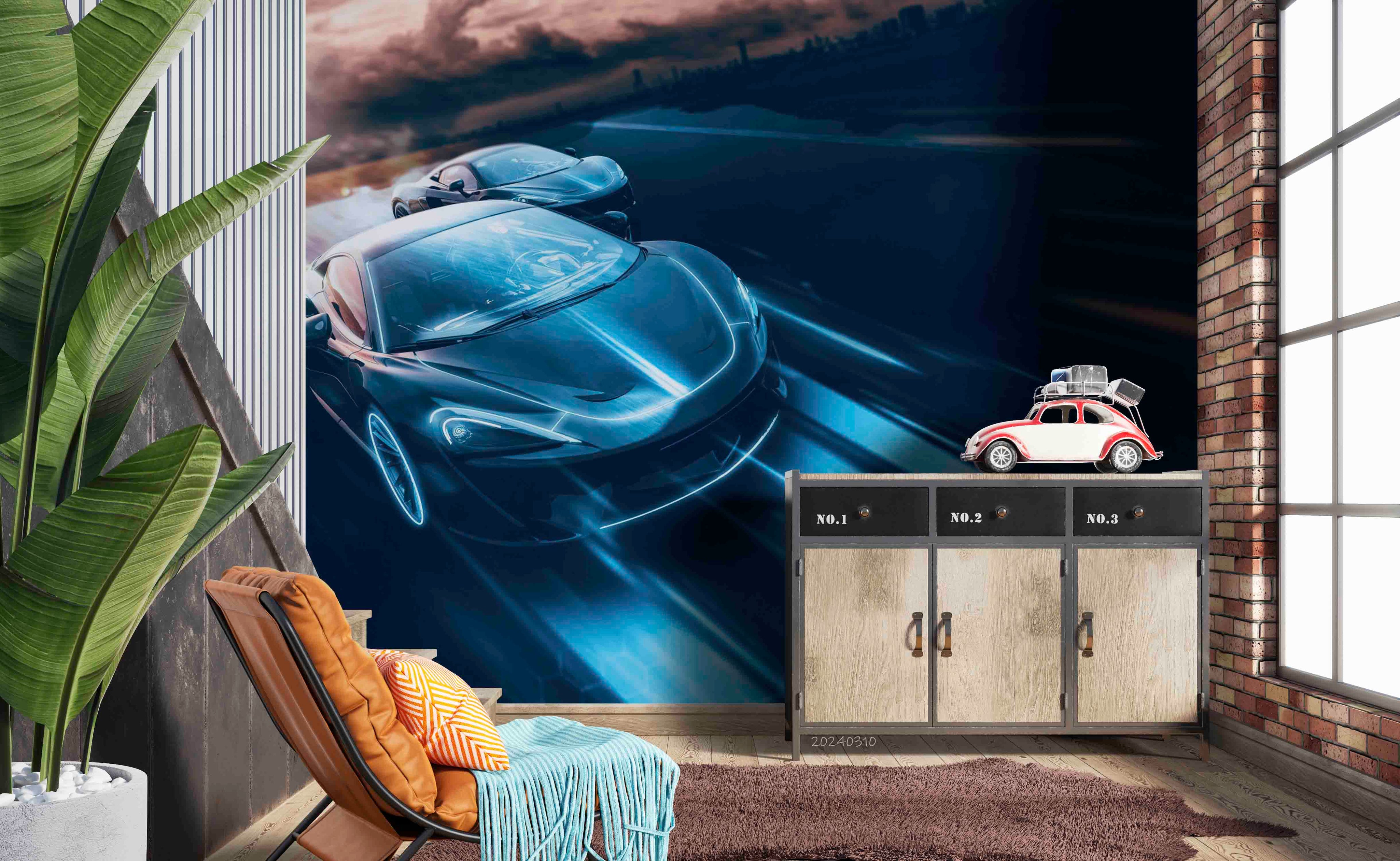 3D Blue Sports Car Wallpaper Wall Mural Wall Decor Wall Art Wall Sticker Remoable Wallpaper