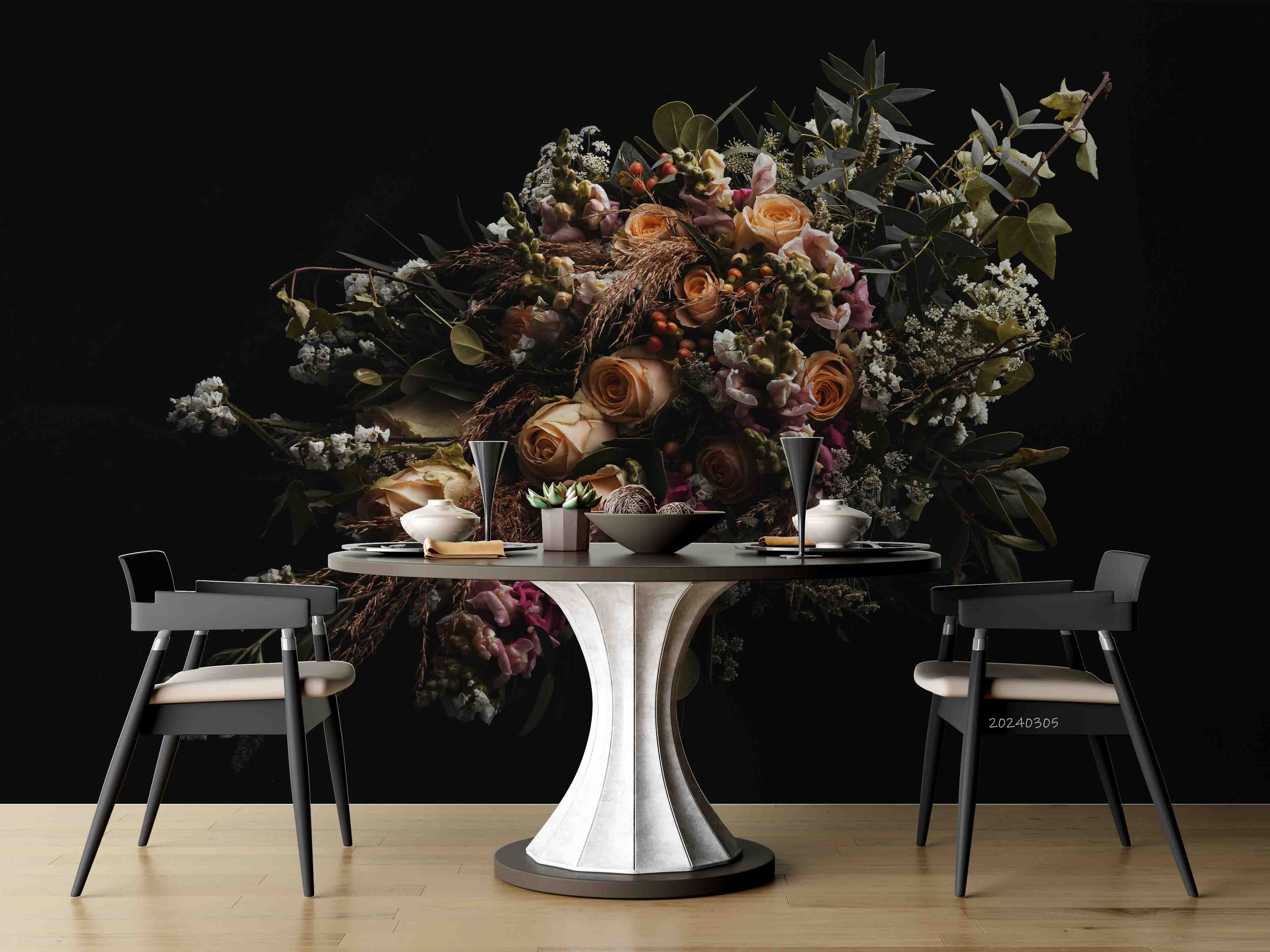 3D Floral Bouquet Dark Background Wallpaper Wall Mural Wall Decor Wall Art Wall Sticker Remoable Wallpaper