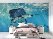 3D Blue Sea Fish underwater tuna fish scene wall mural wallpaper for kids room